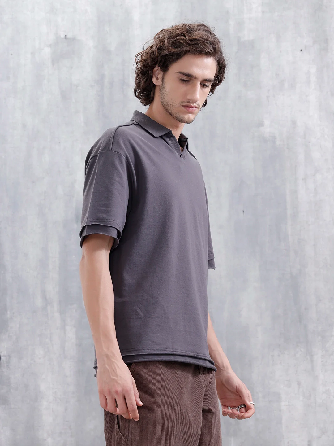 Men Oversized Fit Casual Johnny Collar T-shirt | Dark Grey - Image 4
