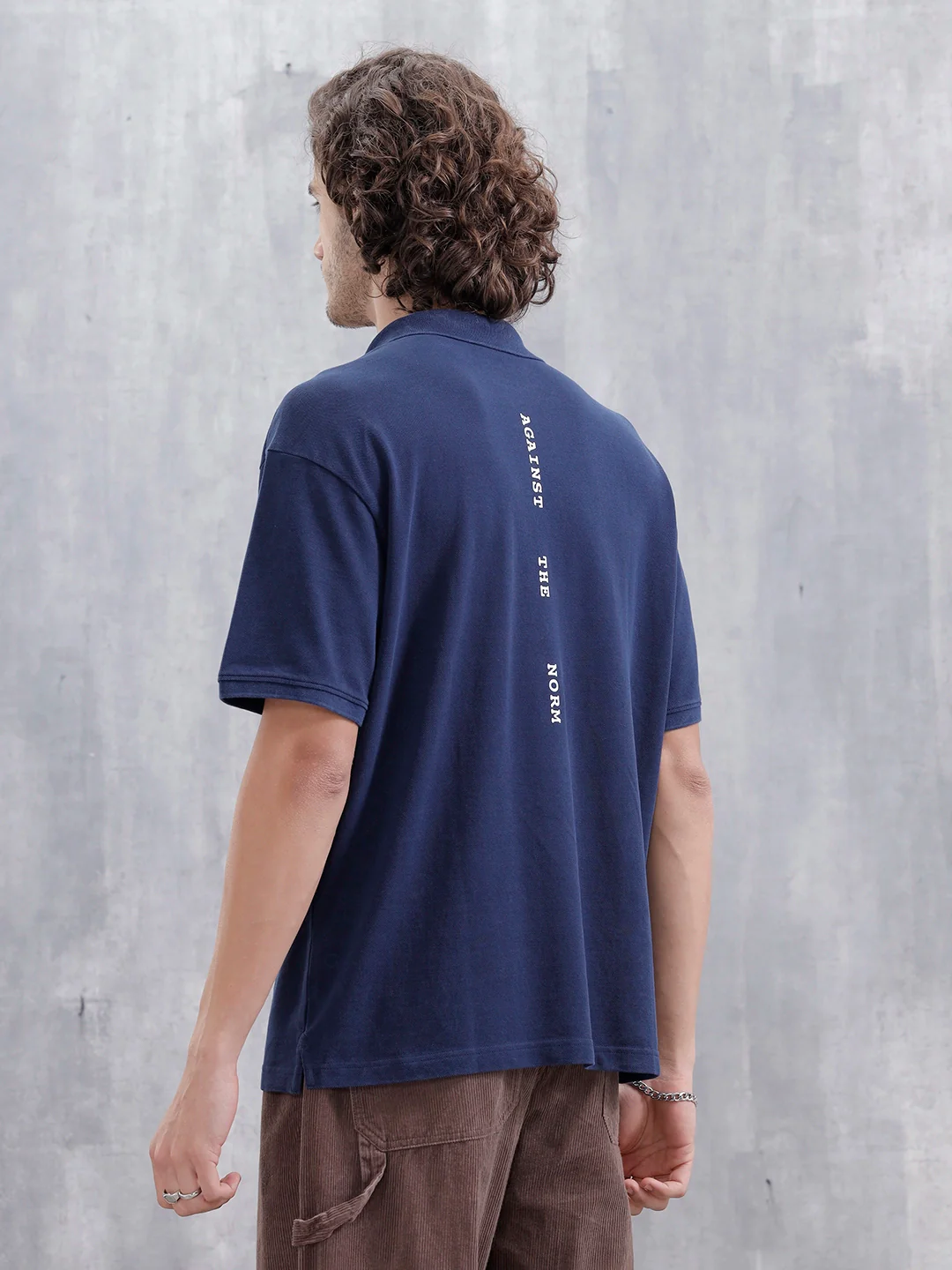 Men Solid Oversized Fit Casual Polo Collar T-shirt | Blue - Image 3