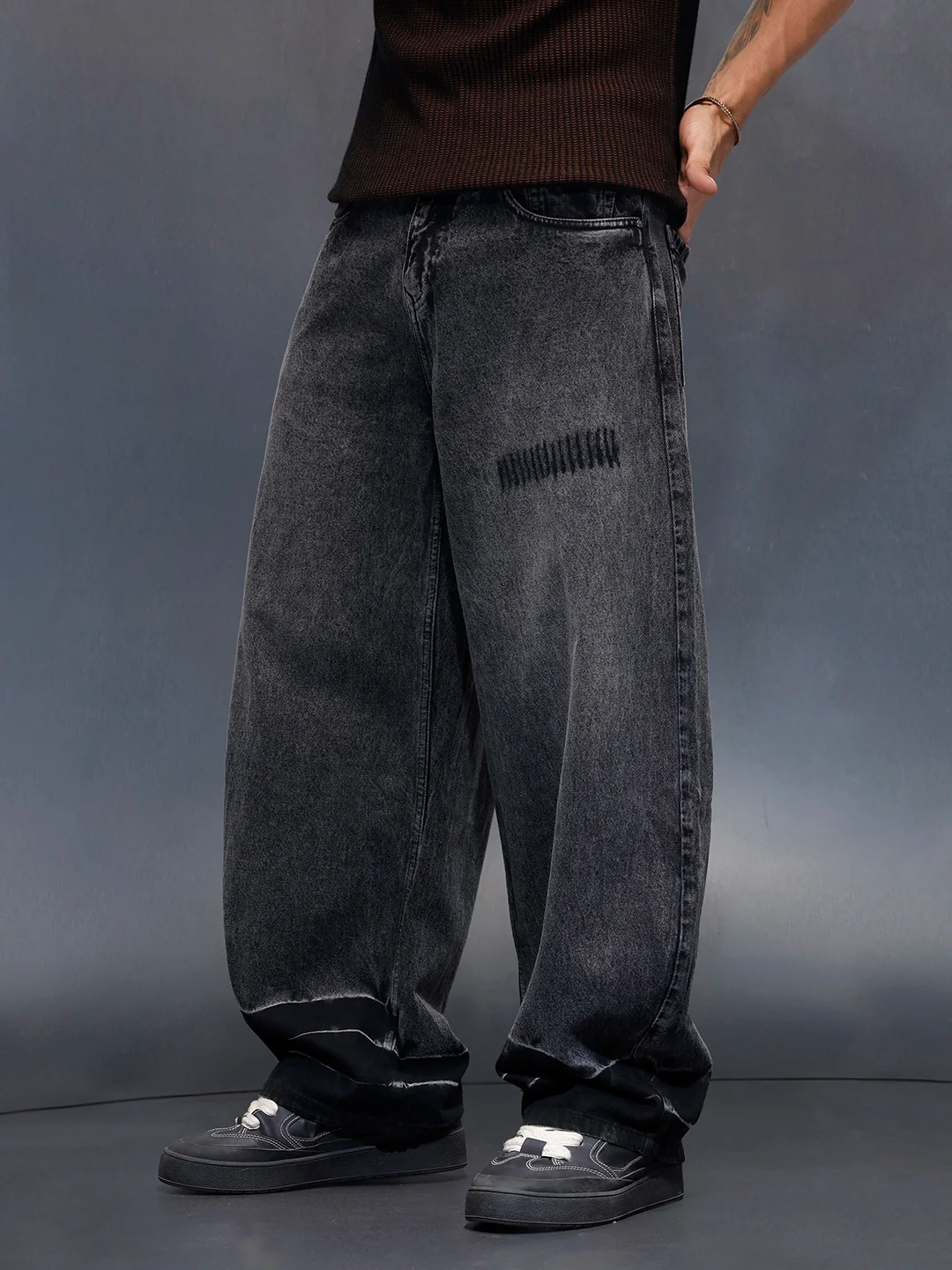 Men's Baloon fit jeans with details  | Dark Grey - Image 5