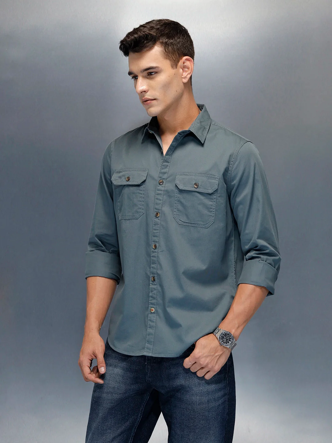 Men's Casual Cargo Double Pocket Shirt | Teal - Image 4