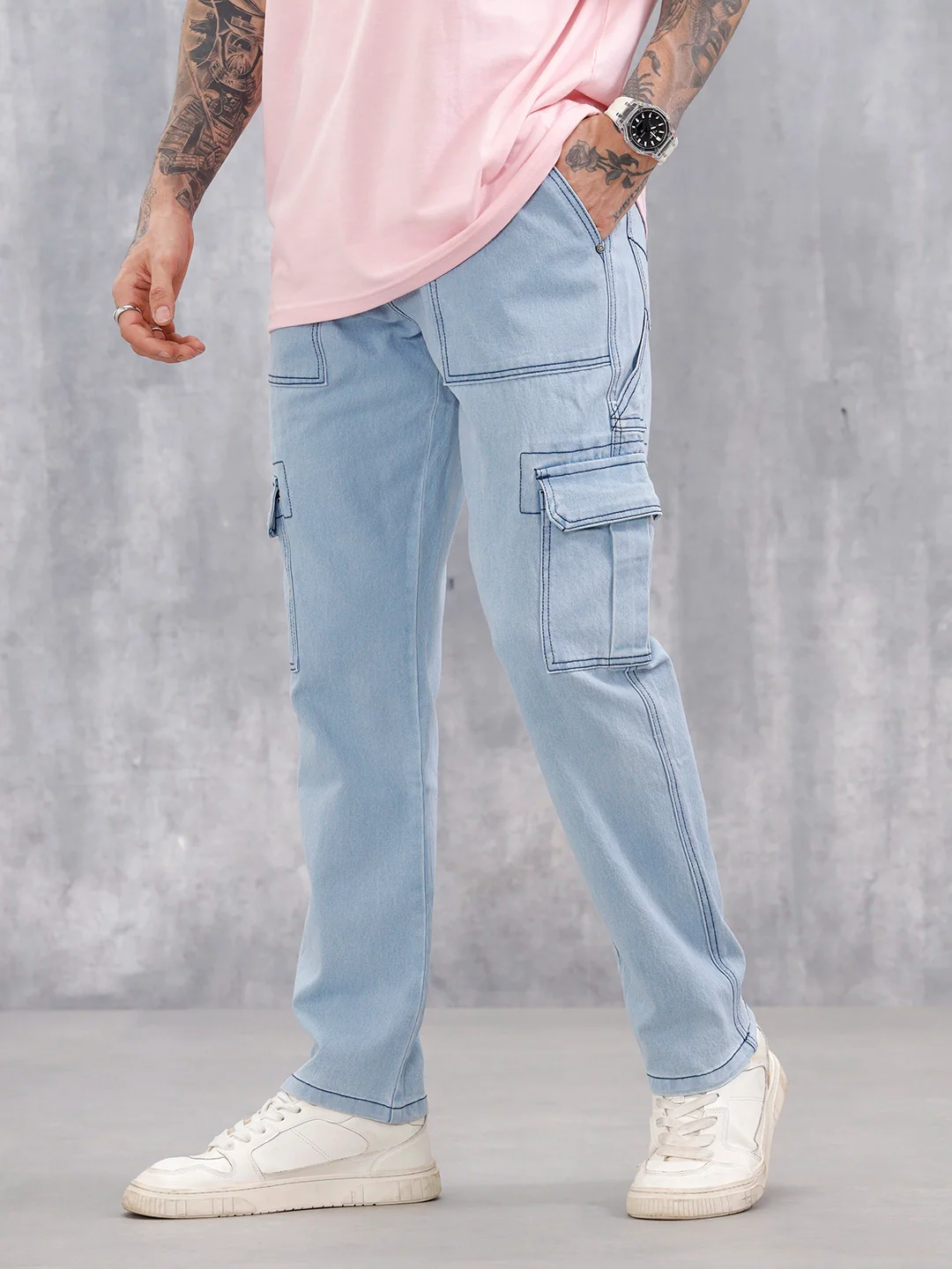 Men's Casual Cargo Fit Jeans  | Light Blue - Image 4
