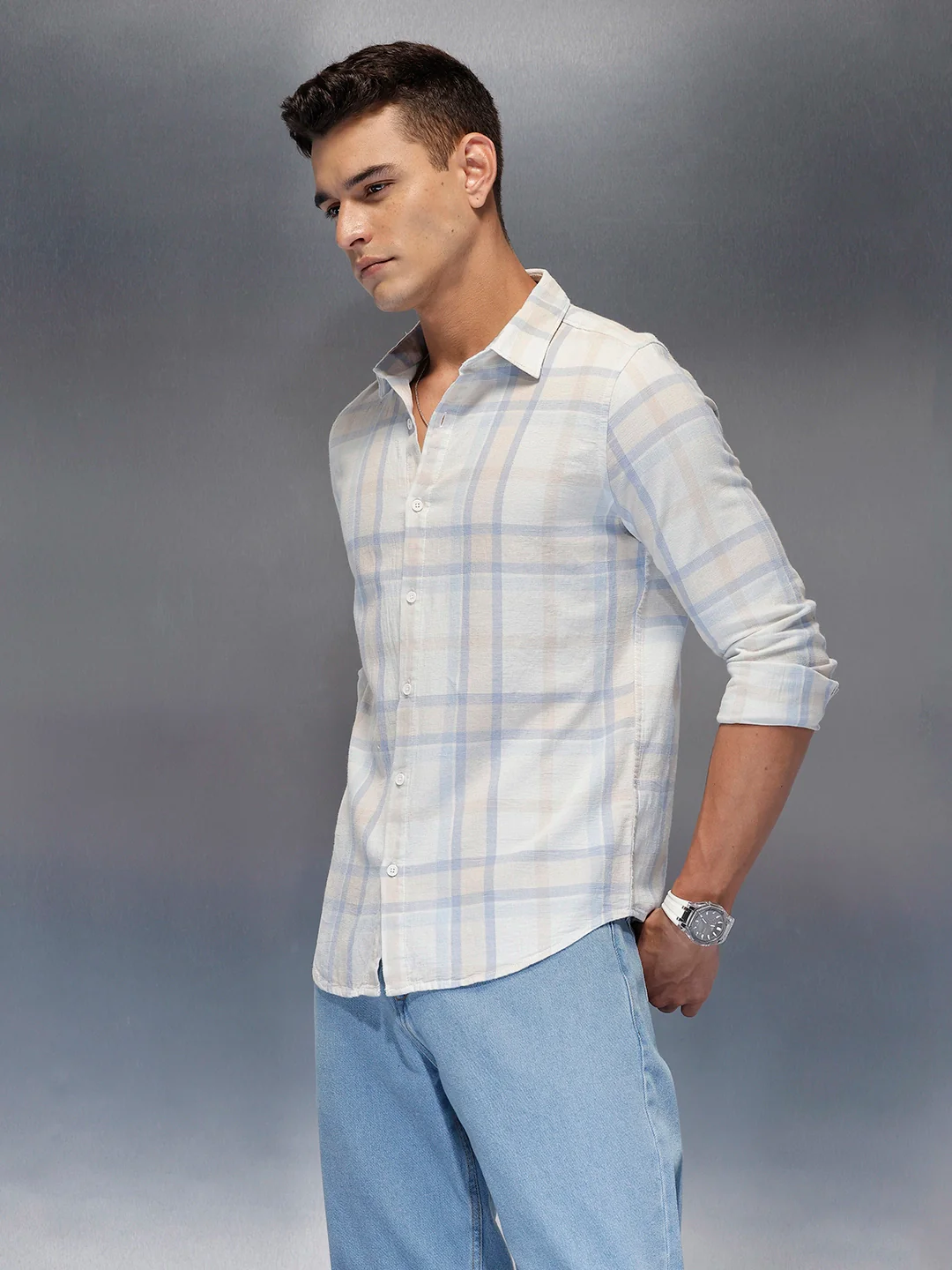 Men's casual check design slimfit shirt | Light Blue - Image 4