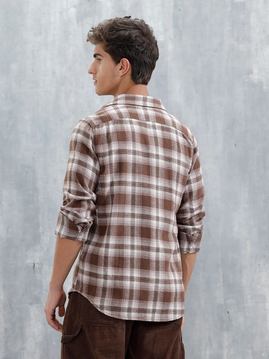 Men's Casual Checkered Pattern Double Pocket Shirt | Brown - Image 3