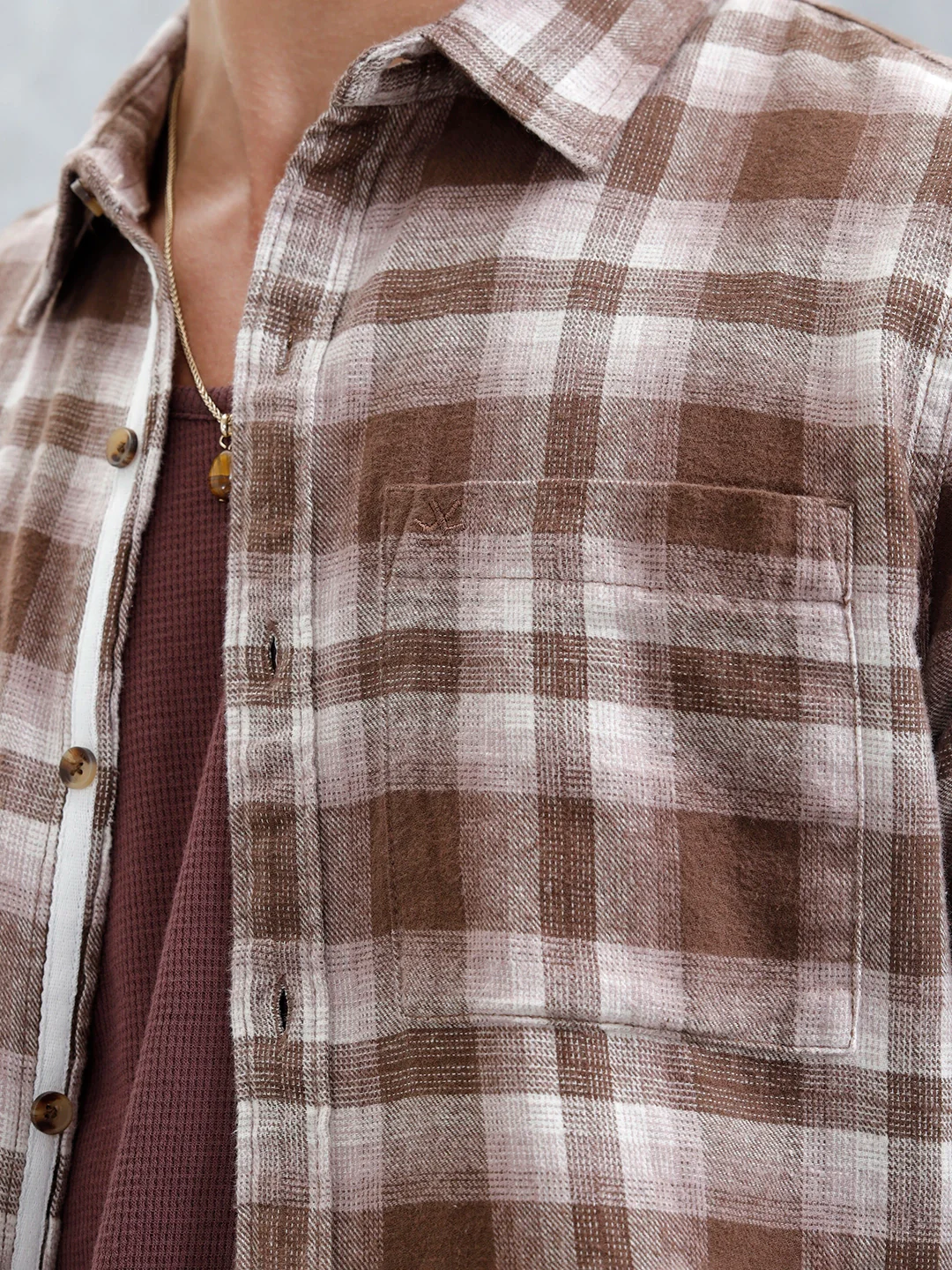 Men's Casual Checkered Pattern Double Pocket Shirt | Brown - Image 5