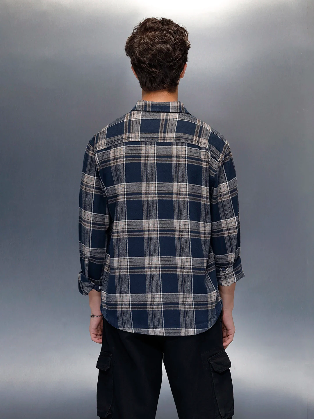 Men's casual checkered pattern regualr fit shacket  | Navy Blue - Image 3