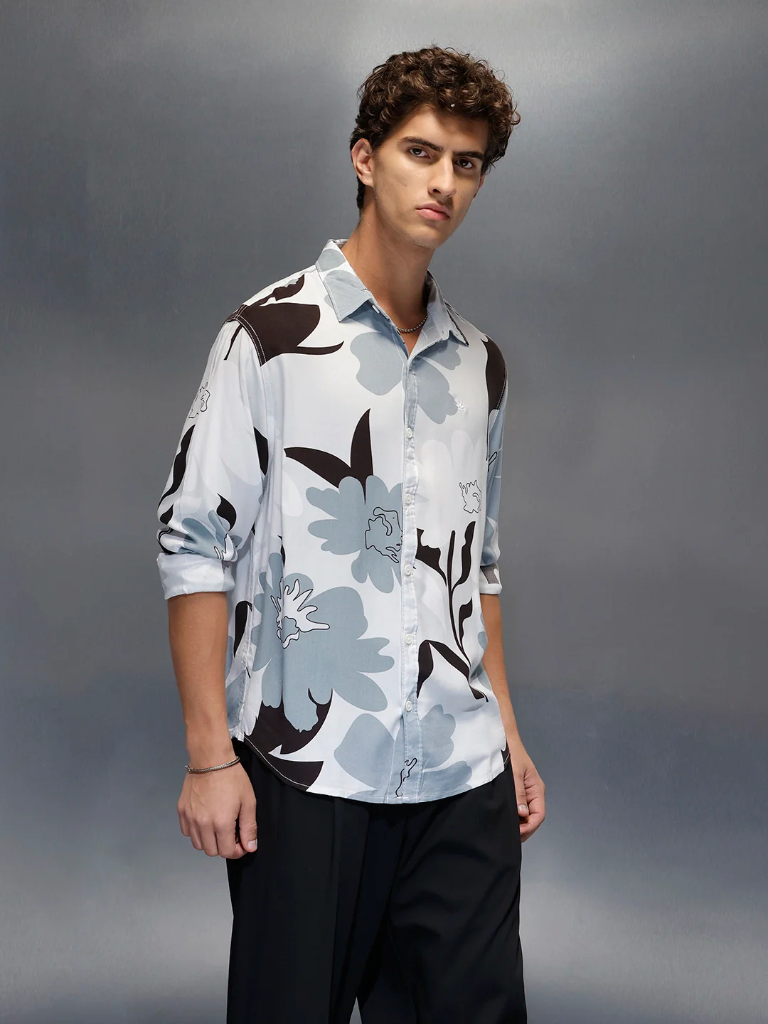 Men's Casual Comfort Fit Floral Printed Shirt  |  Grey - Image 4