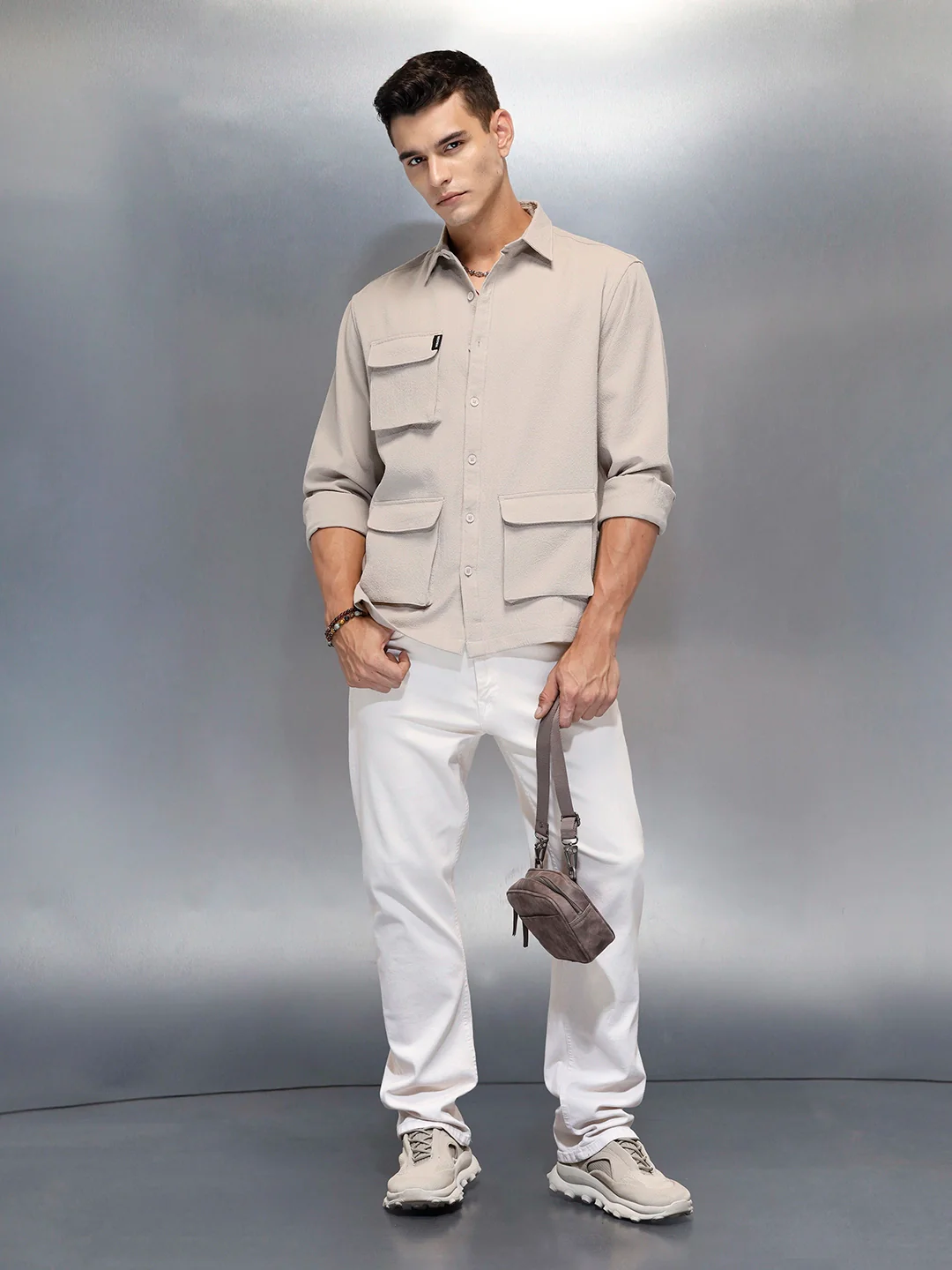 Men's Casual Comfort Fit Utility Pockets Shirt | Beige - Image 2