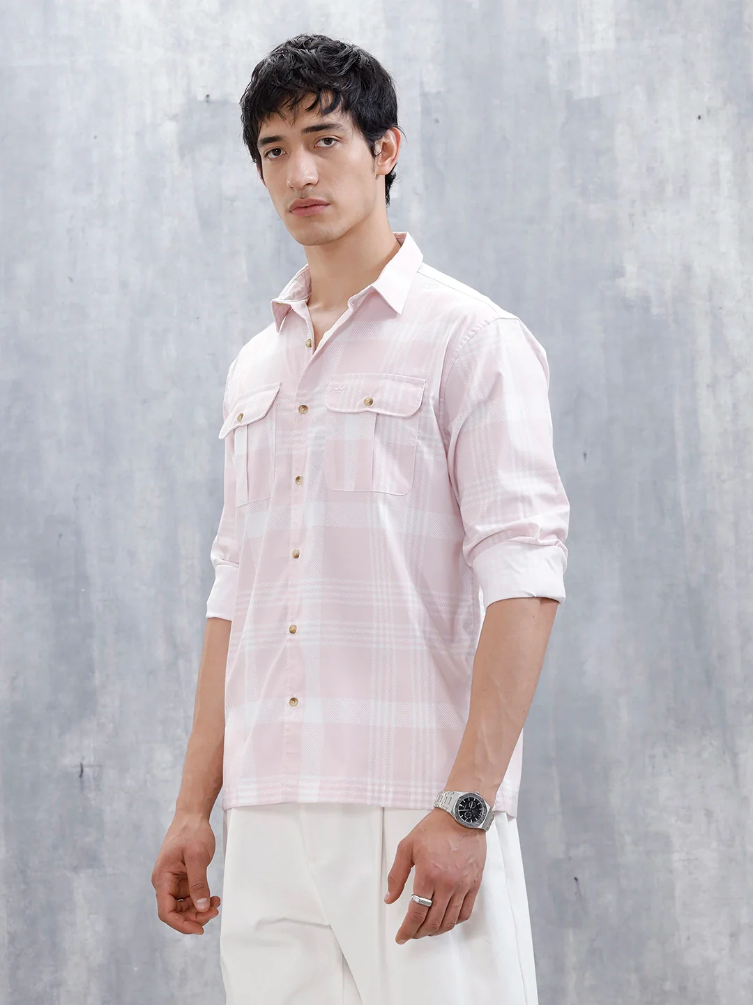 Men's Casual Double Pocket Checkered Shirt  | Pink - Image 4