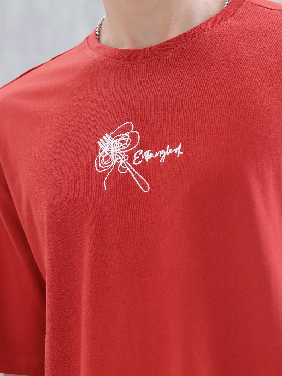Men's Casual Emboridered Oversized Fit T-Shirt | Red - Image 5