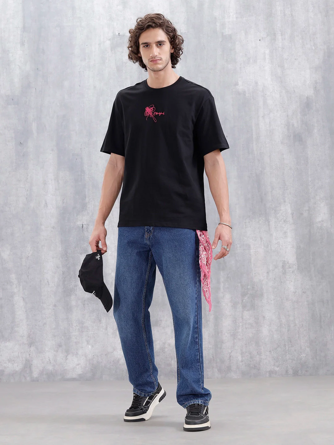 Men's Casual Embroidered Oversized Fit T-Shirt | Black - Image 2
