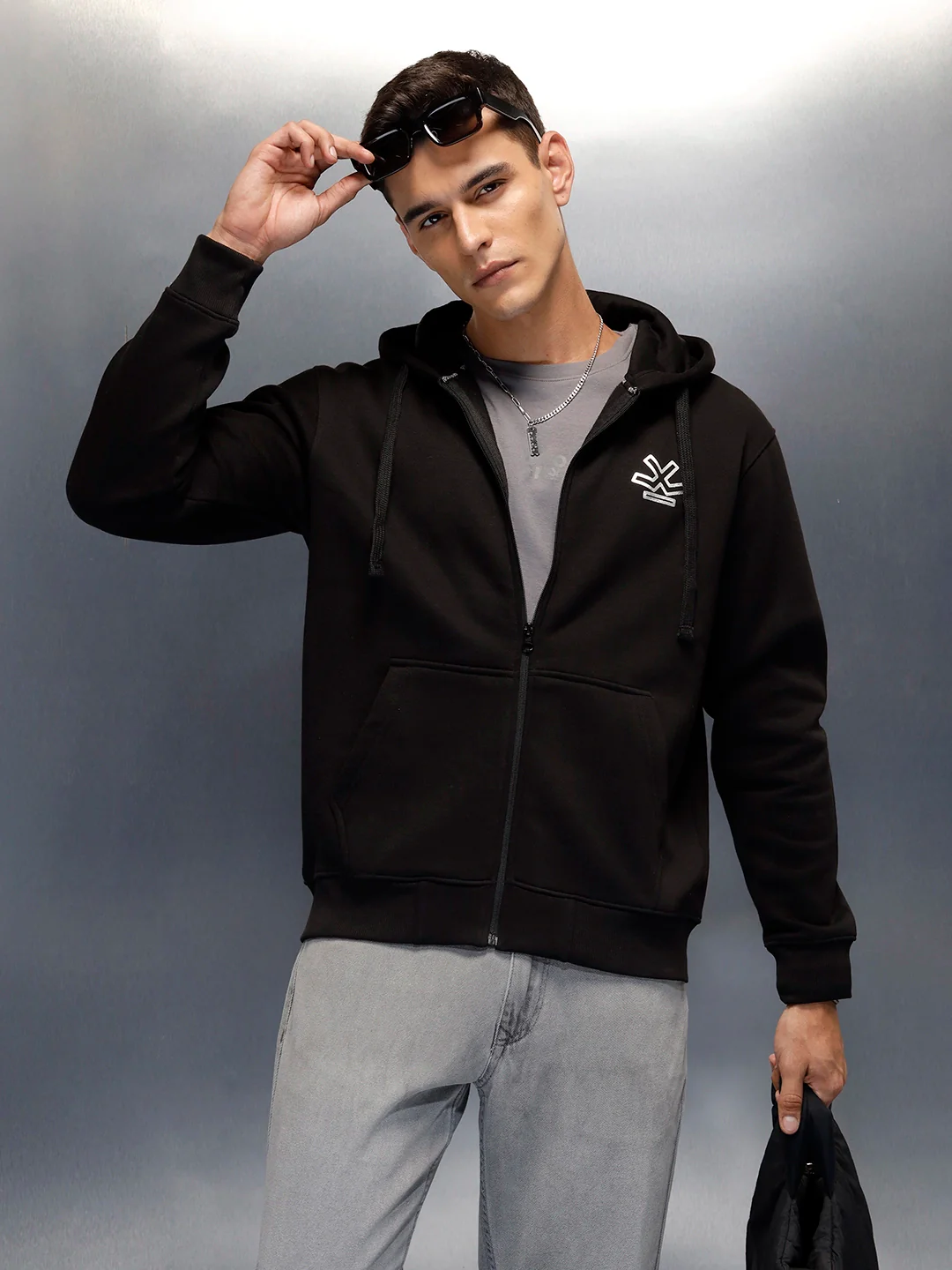 men's casual front zip up hooded sweatshirt | Black - Image 3