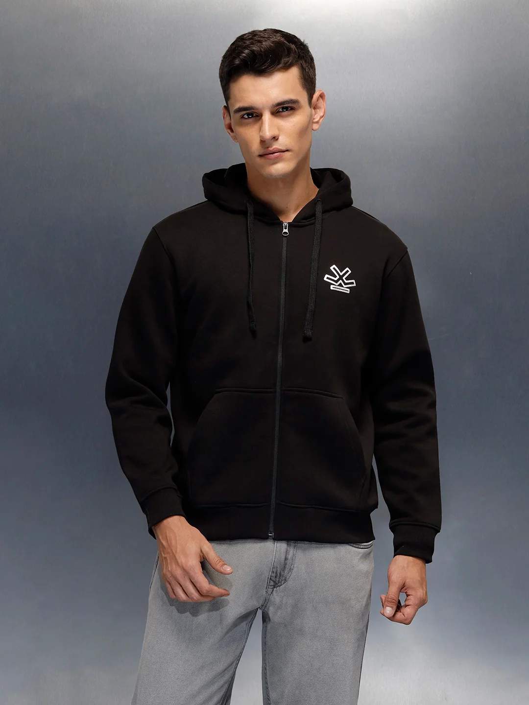men's casual front zip up hooded sweatshirt | Black - Image 9