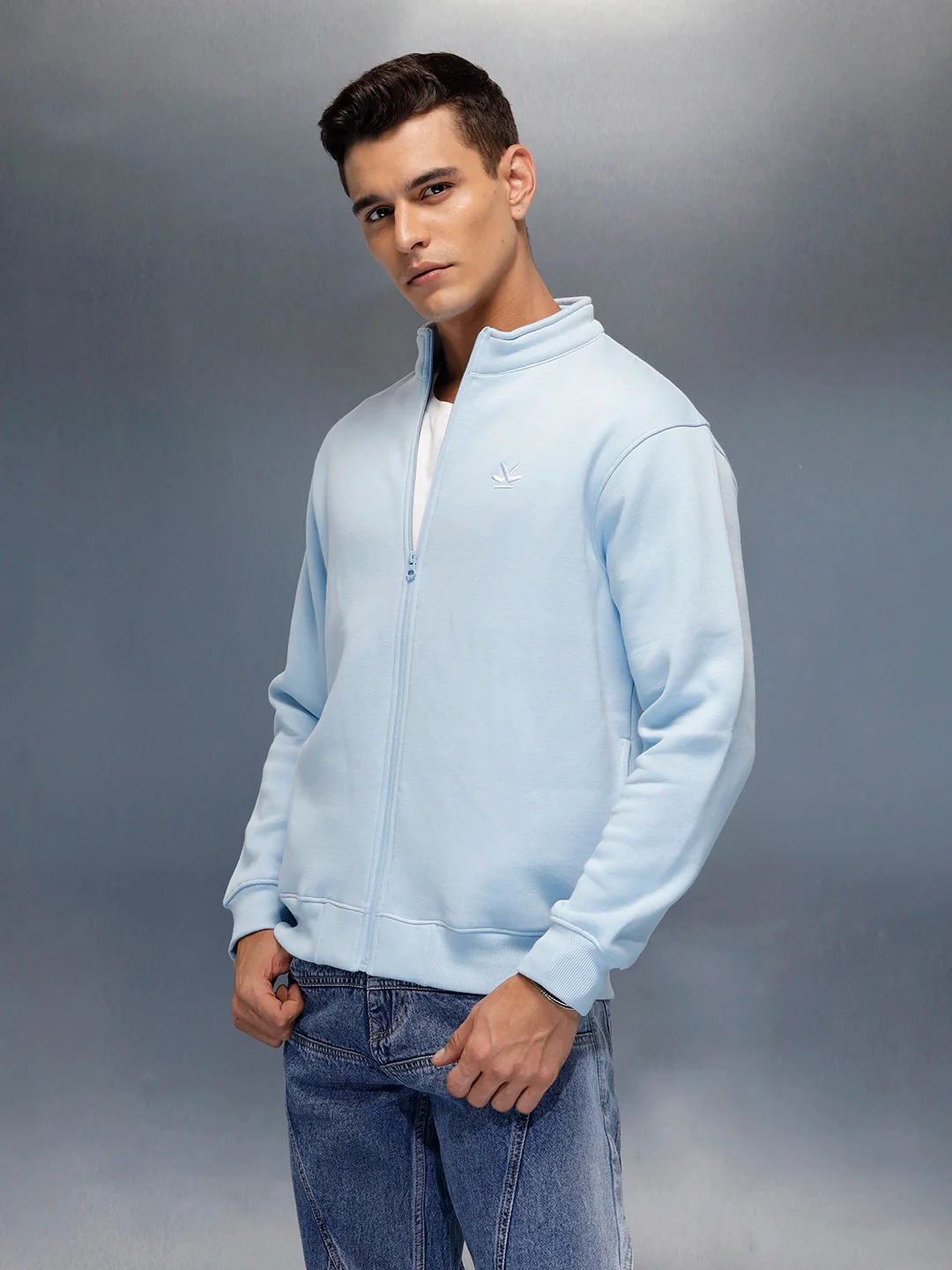 men's casual front zip up stand collar sweatshirt | Blue - Image 4