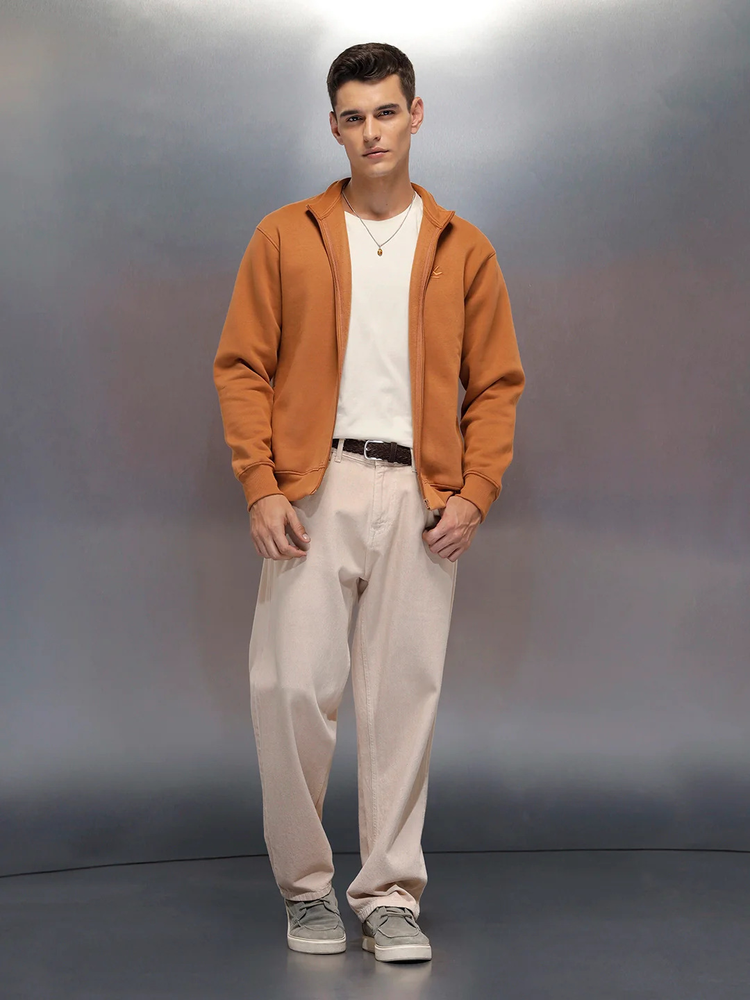 men's casual front zip up stand collar sweatshirt | Brown - Image 2