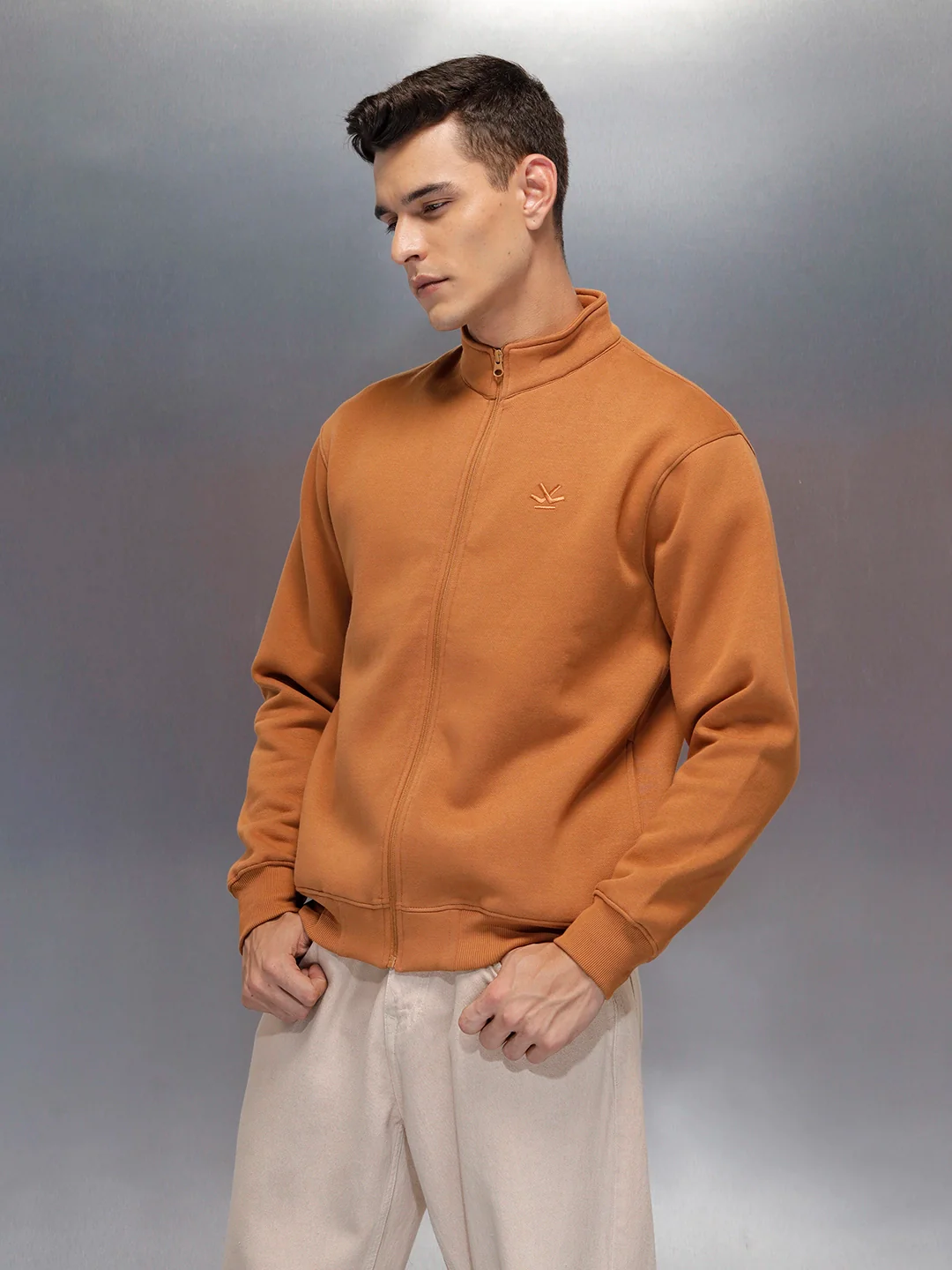 men's casual front zip up stand collar sweatshirt | Brown - Image 4