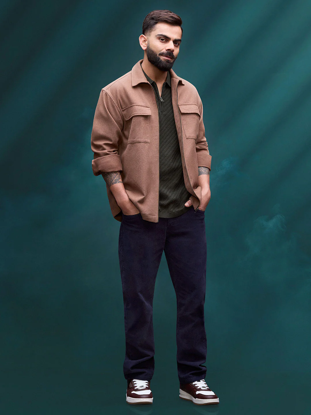 Men's casual front zipper double pocket shacket | Brown - Image 2