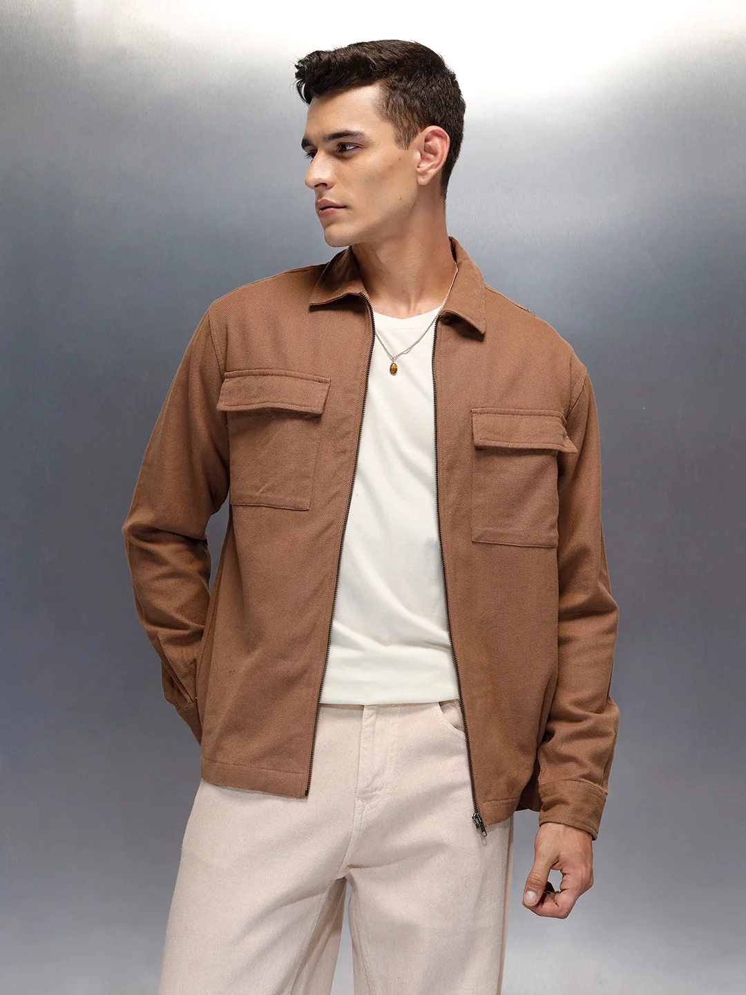 Men's casual front zipper double pocket shacket | Brown - Image 3