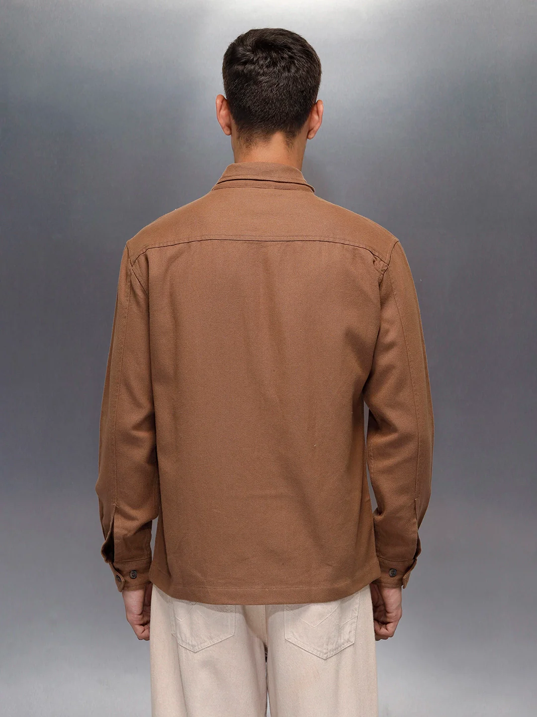 Men's casual front zipper double pocket shacket | Brown - Image 5