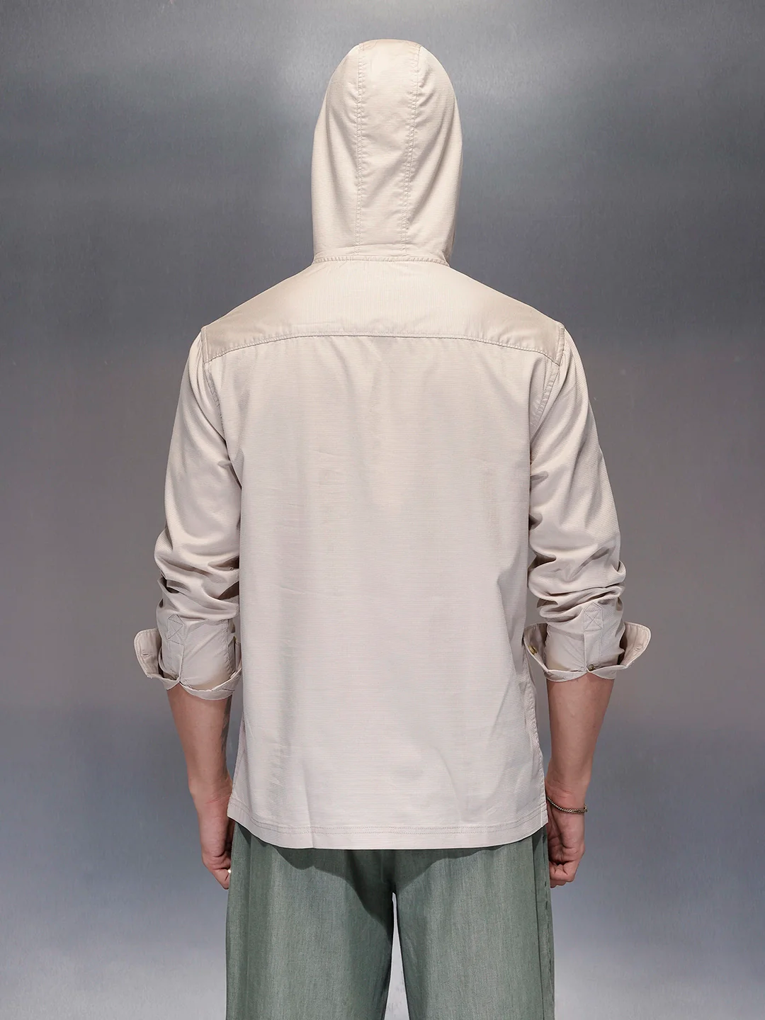 Men's casual hooded half-placket shirt with hood | Beige - Image 3