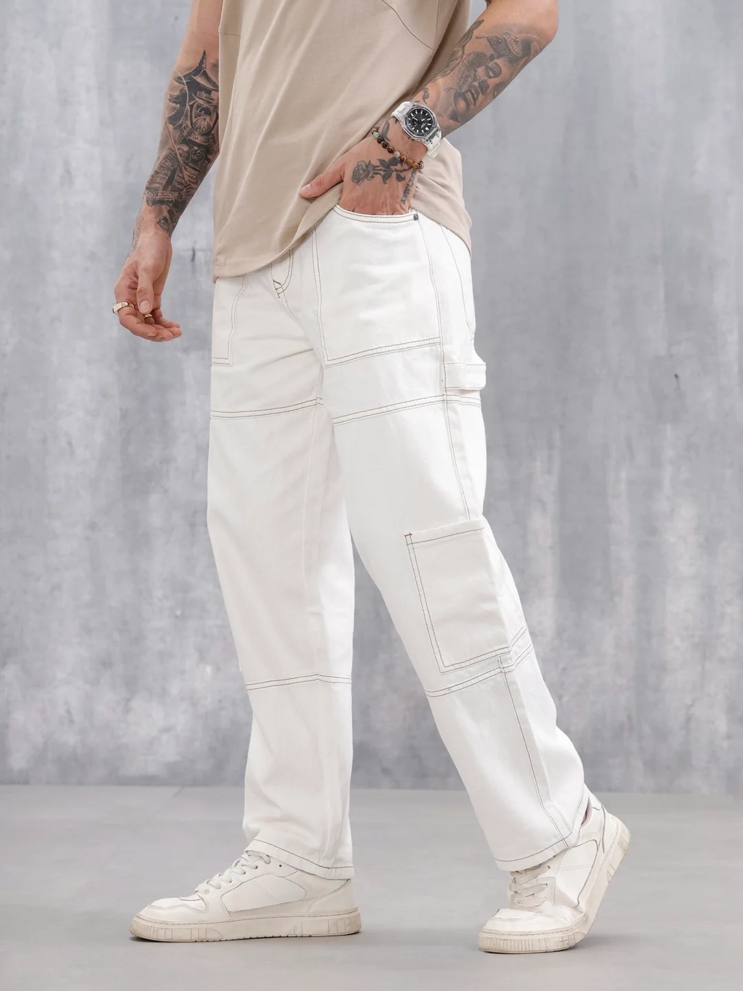 Men's Casual Loose Fit Carpenter Jeans | White - Image 4
