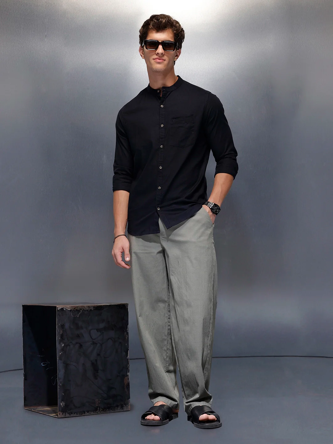 Men's Casual Mandrin Collar Shirt   |  Navy Blue - Image 2