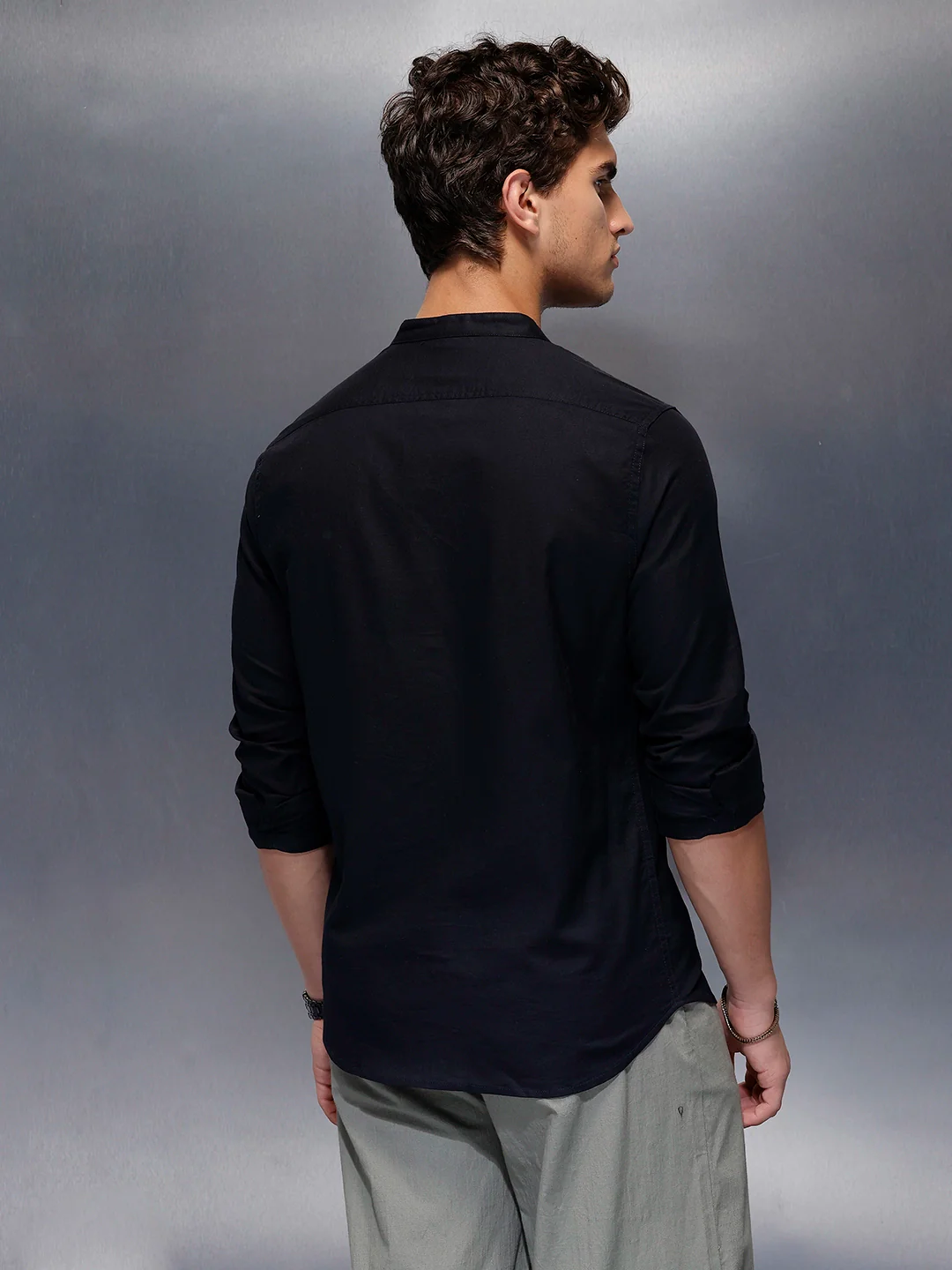 Men's Casual Mandrin Collar Shirt   |  Navy Blue - Image 3