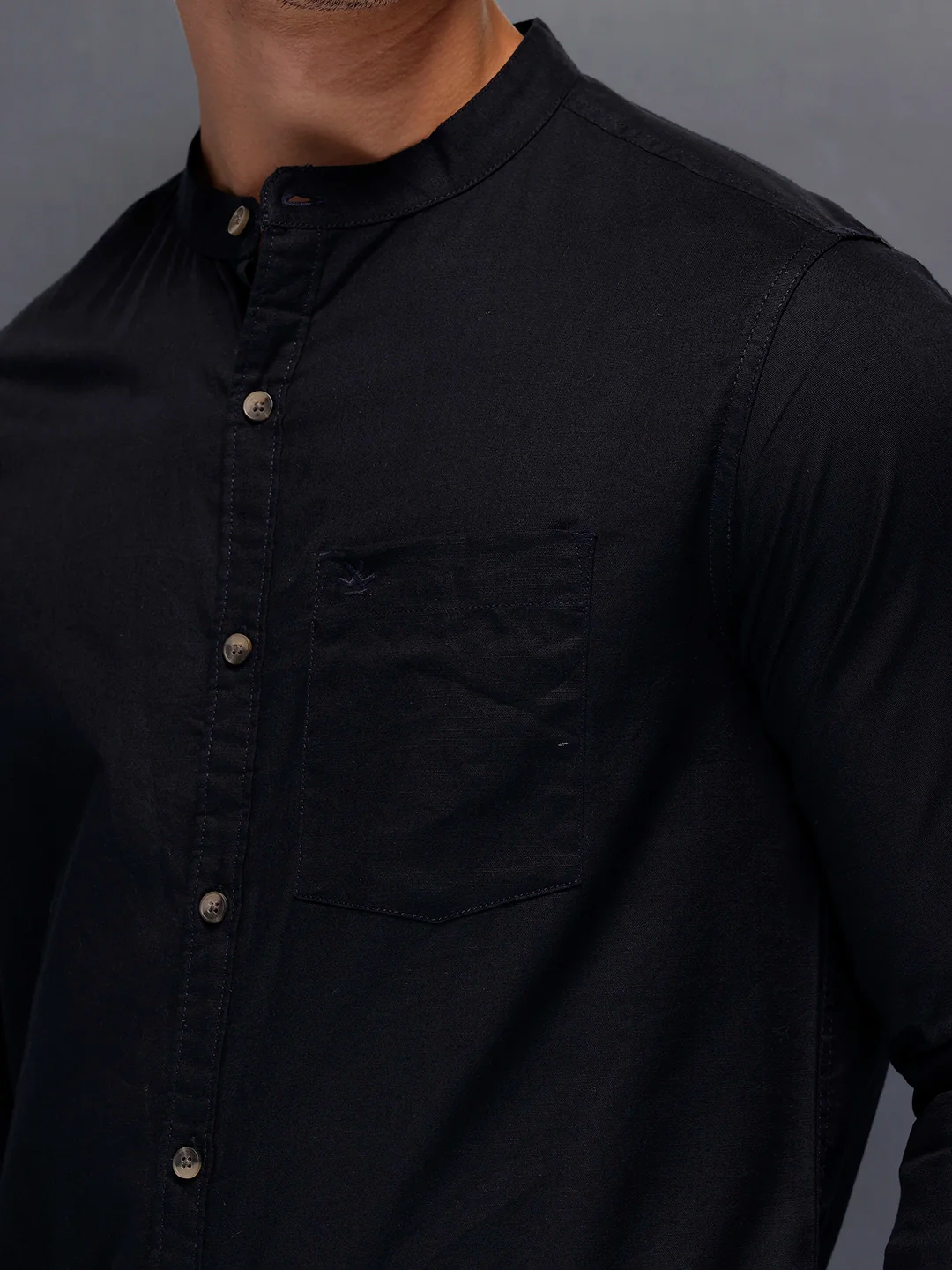 Men's Casual Mandrin Collar Shirt   |  Navy Blue - Image 5