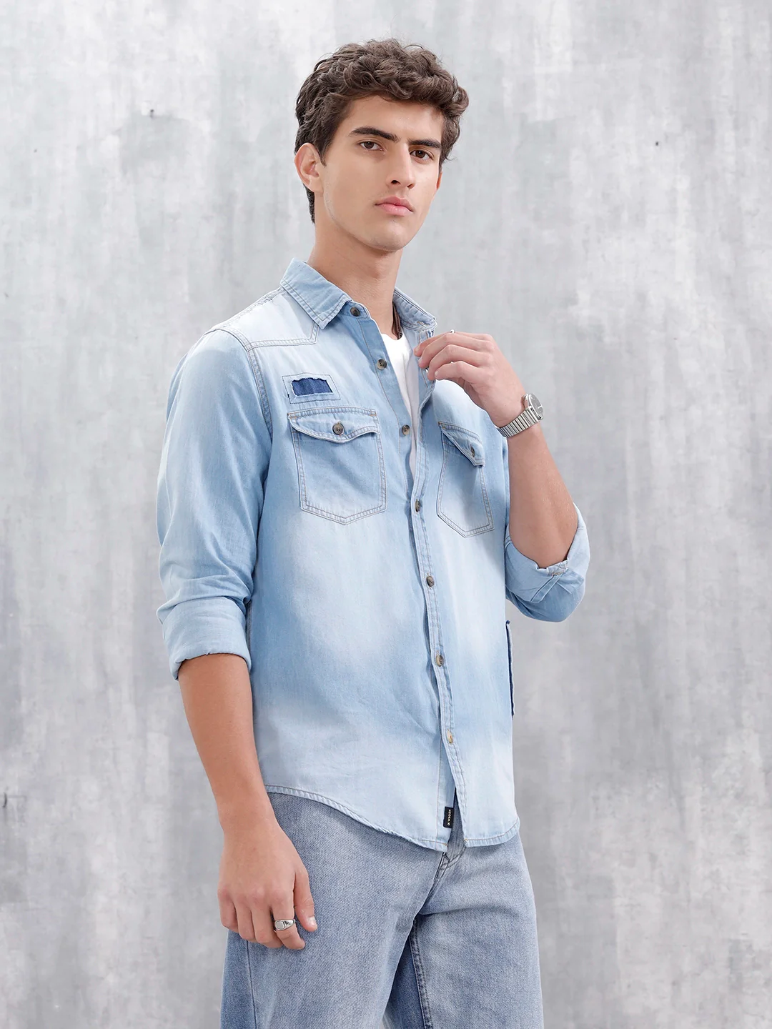 Men's Casual Mid Wash Denim Shirt | Med Stone - Image 4