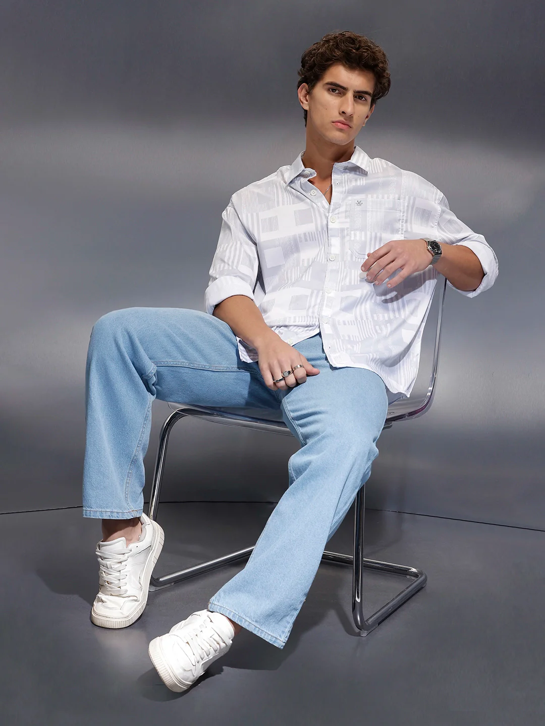 Men's Casual Oversized Abstract Printed Shirt  |  Grey - Image 2