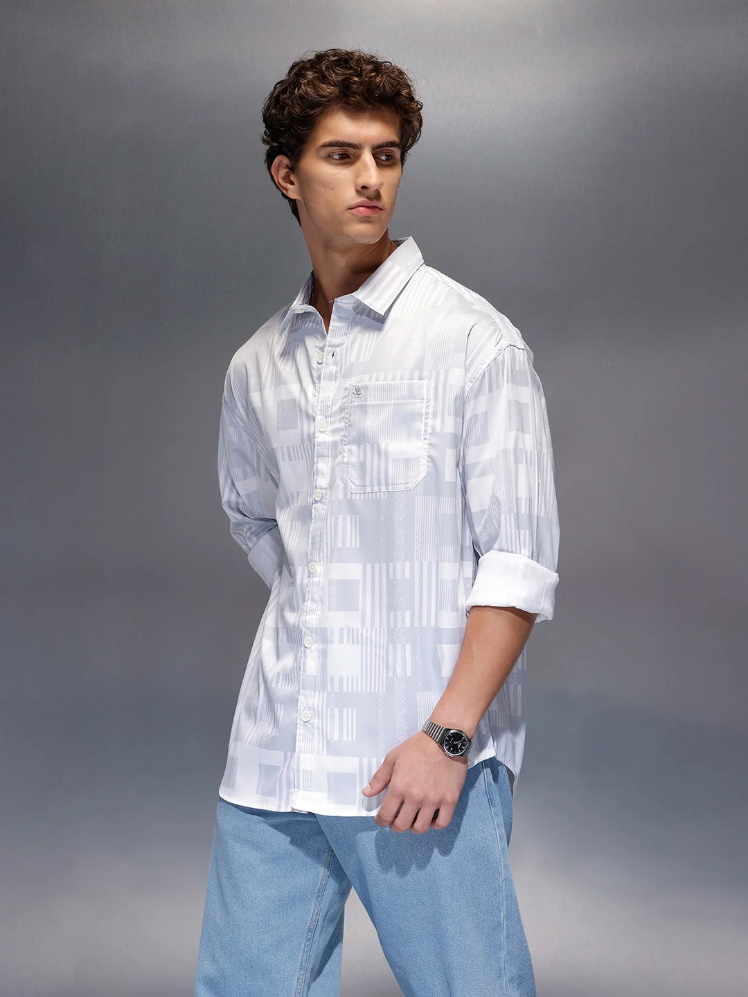 Men's Casual Oversized Abstract Printed Shirt  |  Grey - Image 4