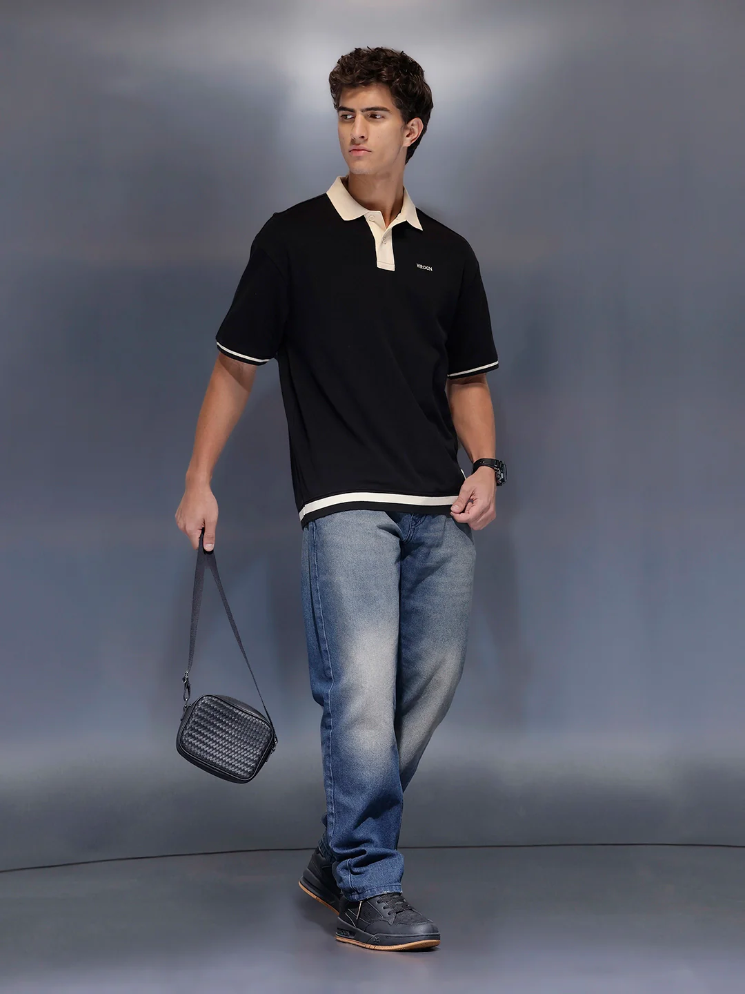 Men's Casual Oversized Contrast Detail Polo T-shirt  |  Black - Image 2