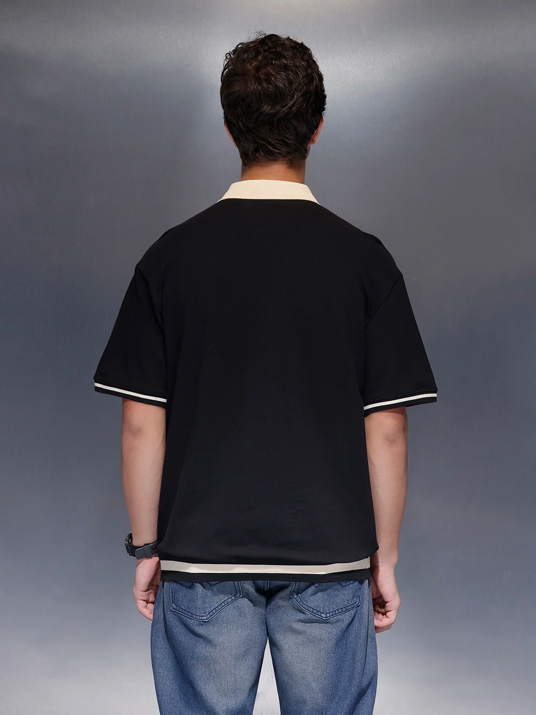 Men's Casual Oversized Contrast Detail Polo T-shirt  |  Black - Image 3