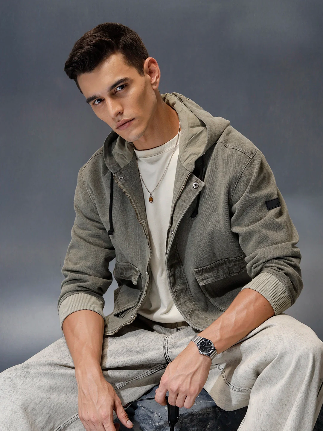 men's casual oversized crop fit front zipper hooded jacket | Olive - Image 4