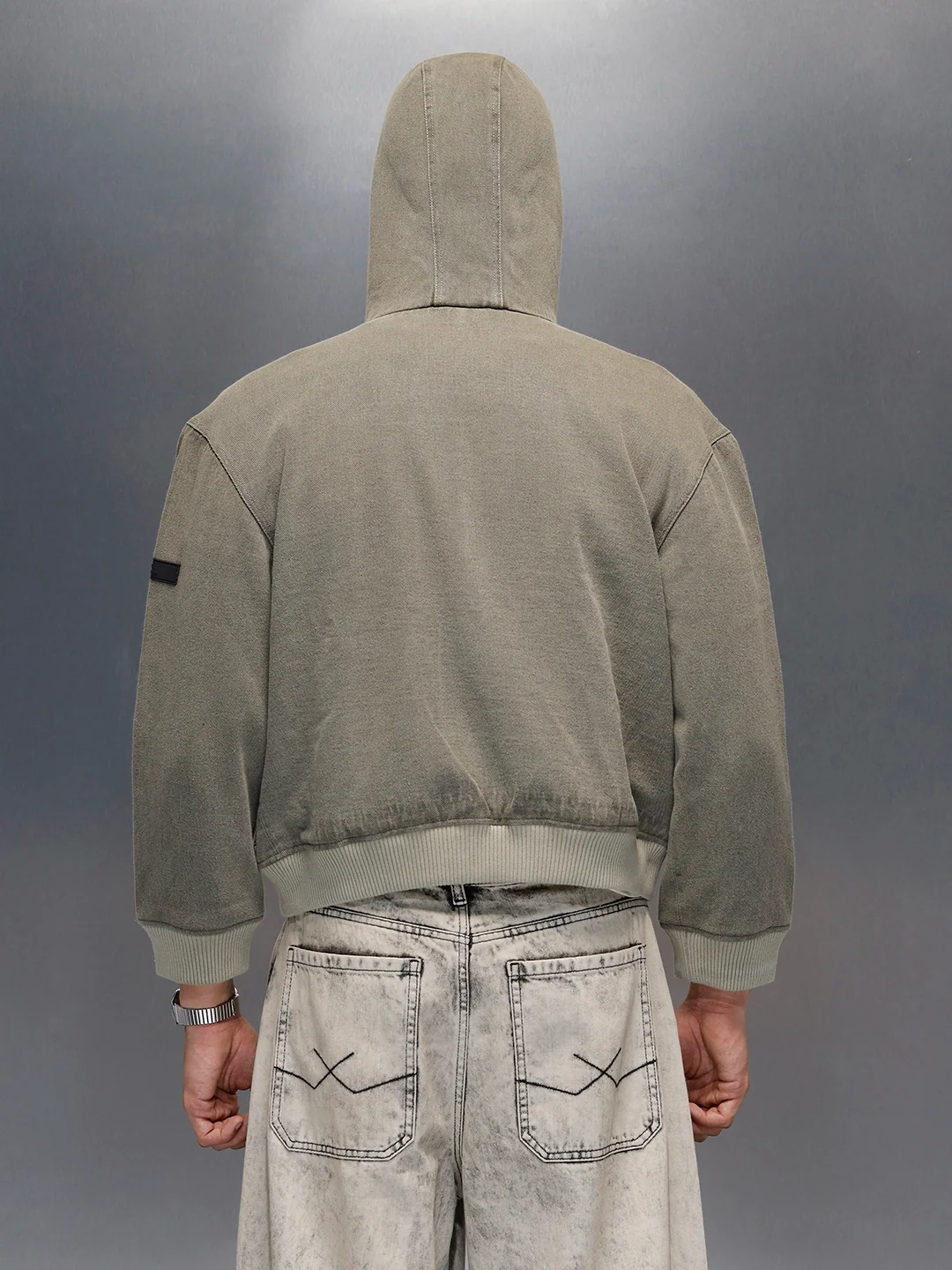 men's casual oversized crop fit front zipper hooded jacket | Olive - Image 6