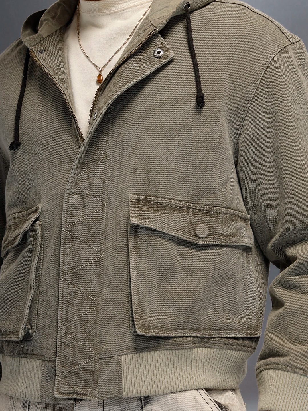 men's casual oversized crop fit front zipper hooded jacket | Olive - Image 8