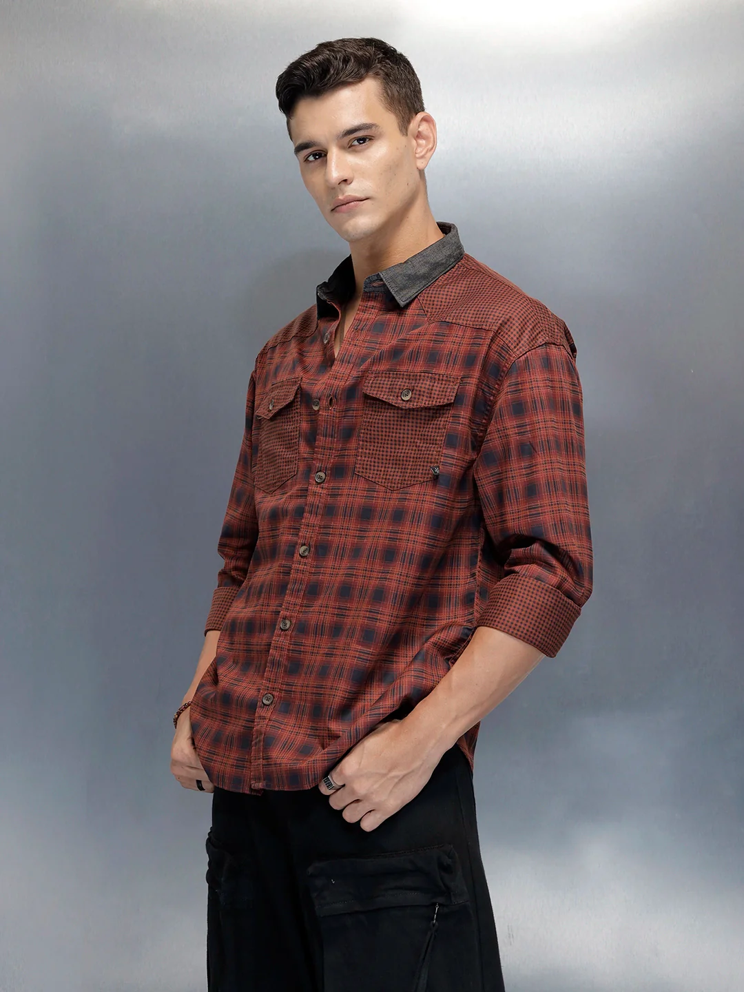 Men's Casual Oversized Fit Checkered Pattern Shirt | Brown - Image 4