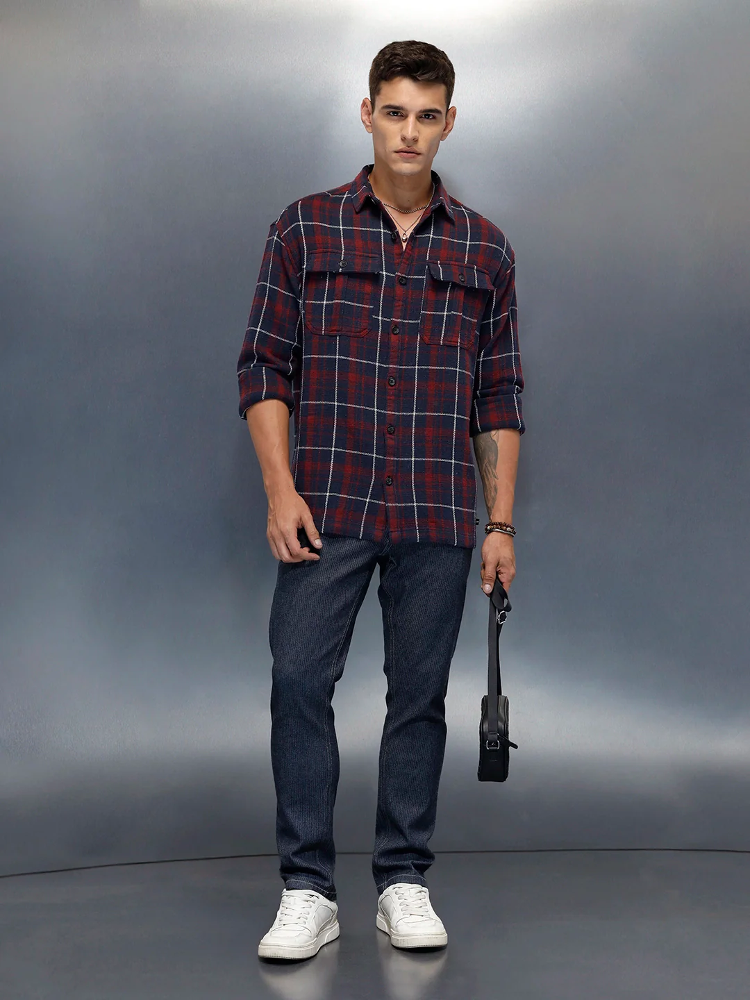 Men's Casual Oversized Fit Checkered Pattern Shirt | Navy Blue - Image 2