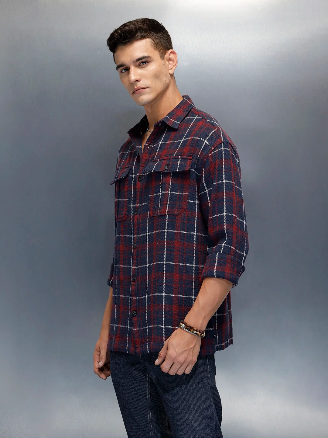 Men's Casual Oversized Fit Checkered Pattern Shirt | Navy Blue - Image 4