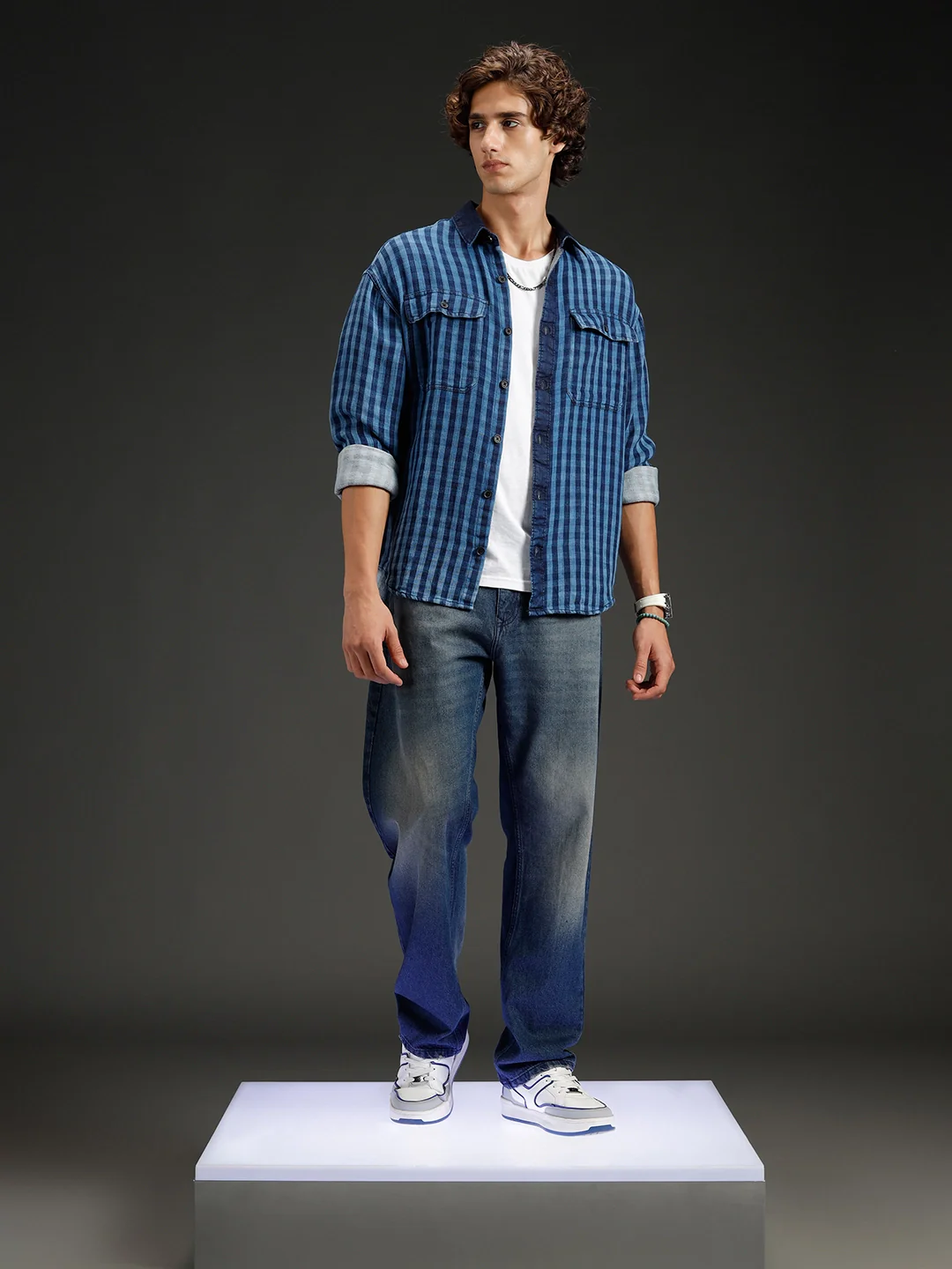Men's casual oversized fit checkered pattern shirt | Navy Blue - Image 2