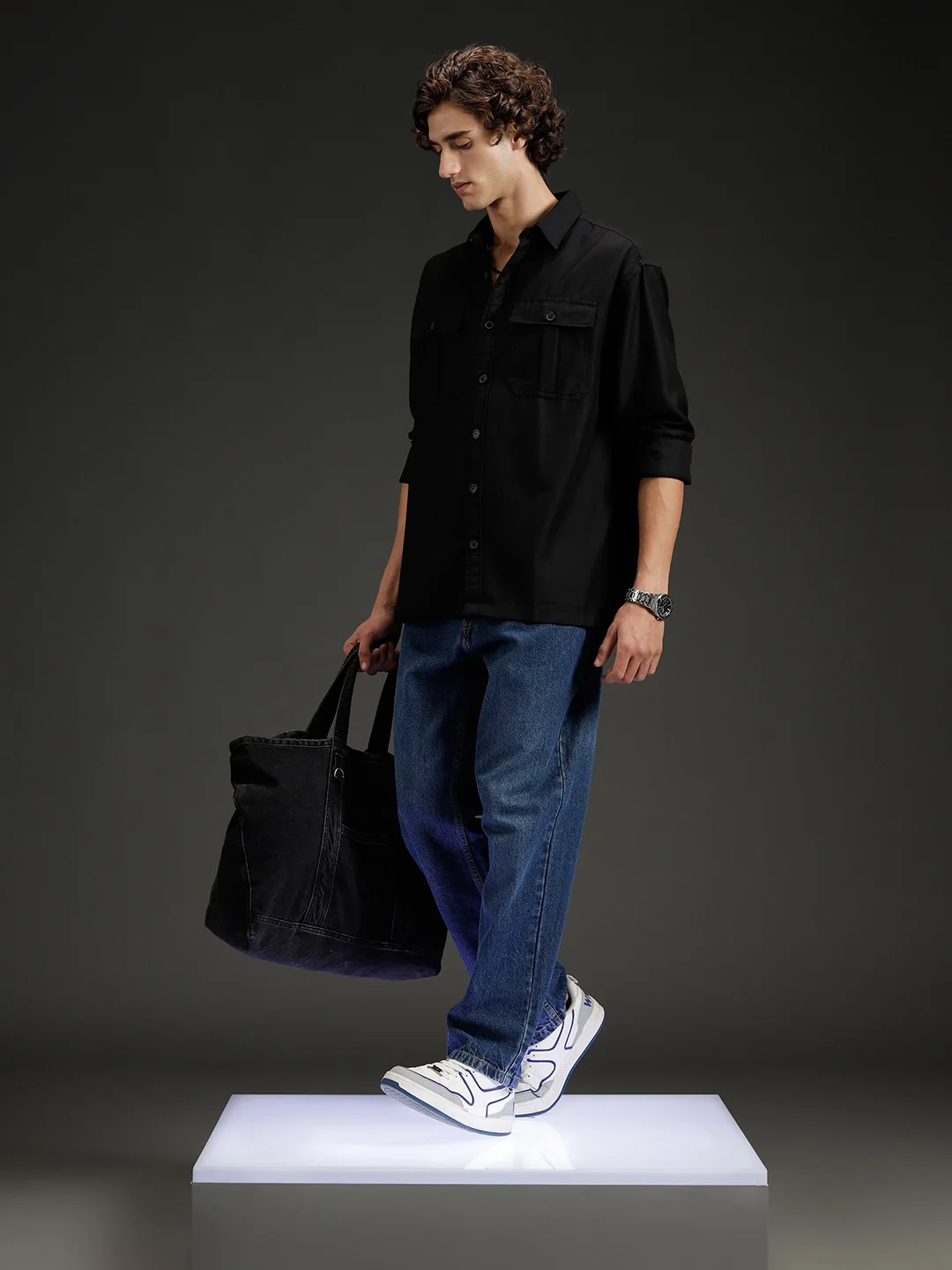 Men's casual oversized fit double pocket shirt | Black - Image 2