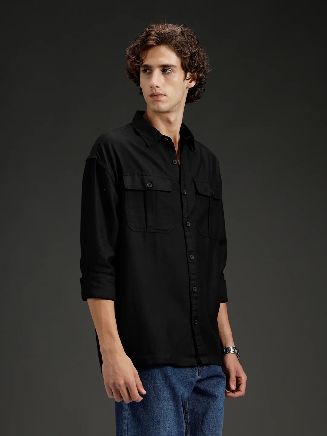 Men's casual oversized fit double pocket shirt | Black - Image 4