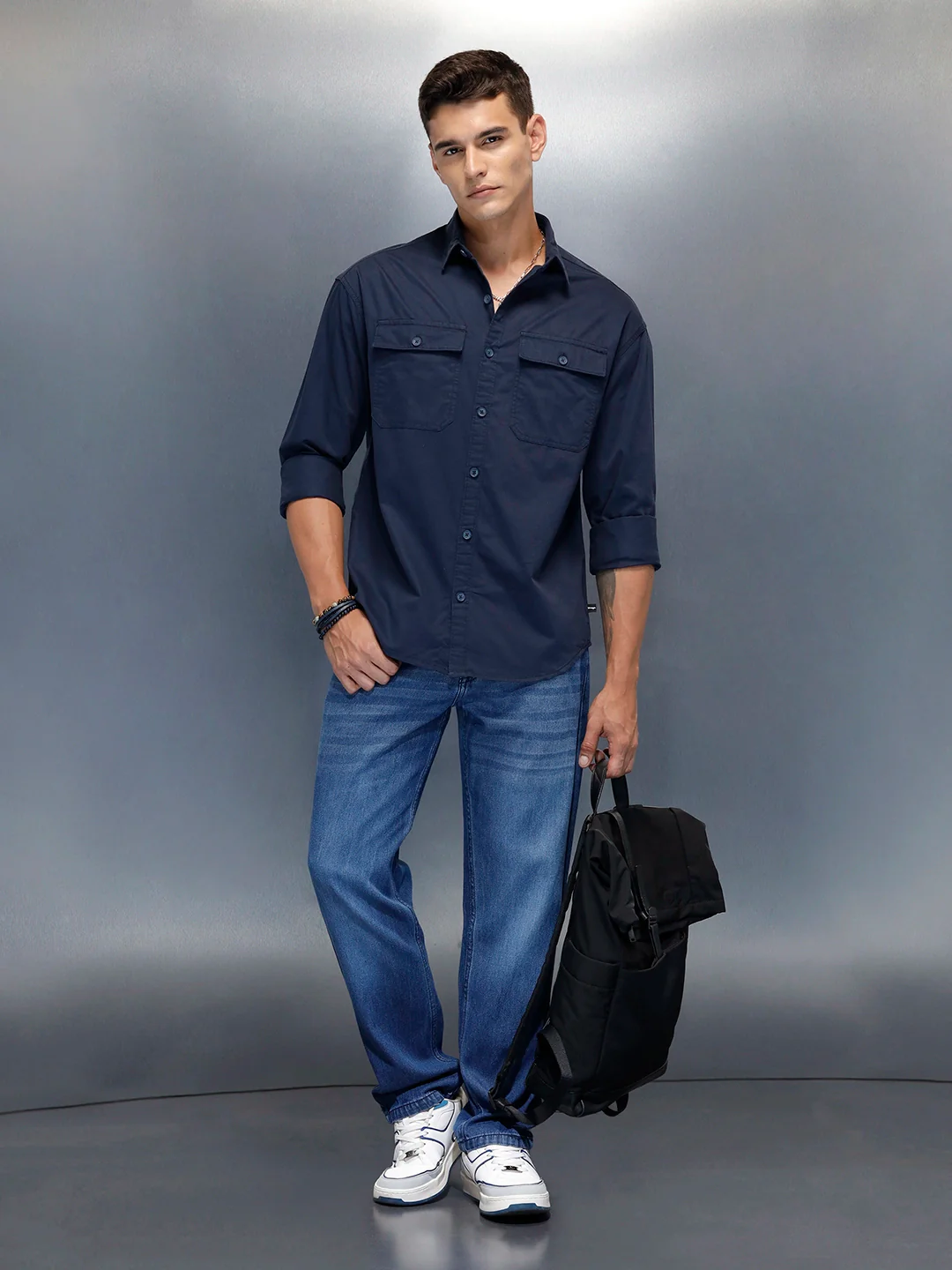 Men's Casual Oversized Fit Double Pocket Shirt | Navy Blue - Image 2