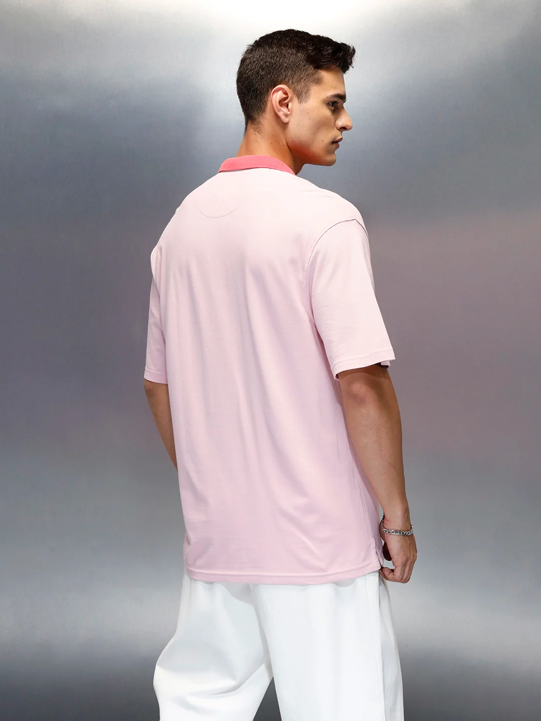 Men's Casual Oversized Fit Polo Collar T-Shirt | Pink - Image 3