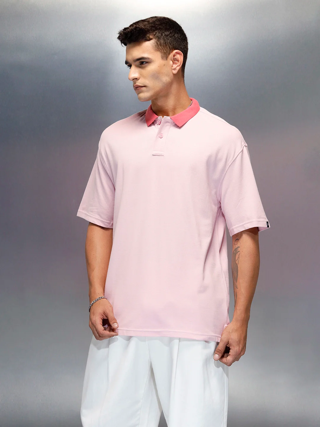 Men's Casual Oversized Fit Polo Collar T-Shirt | Pink - Image 4