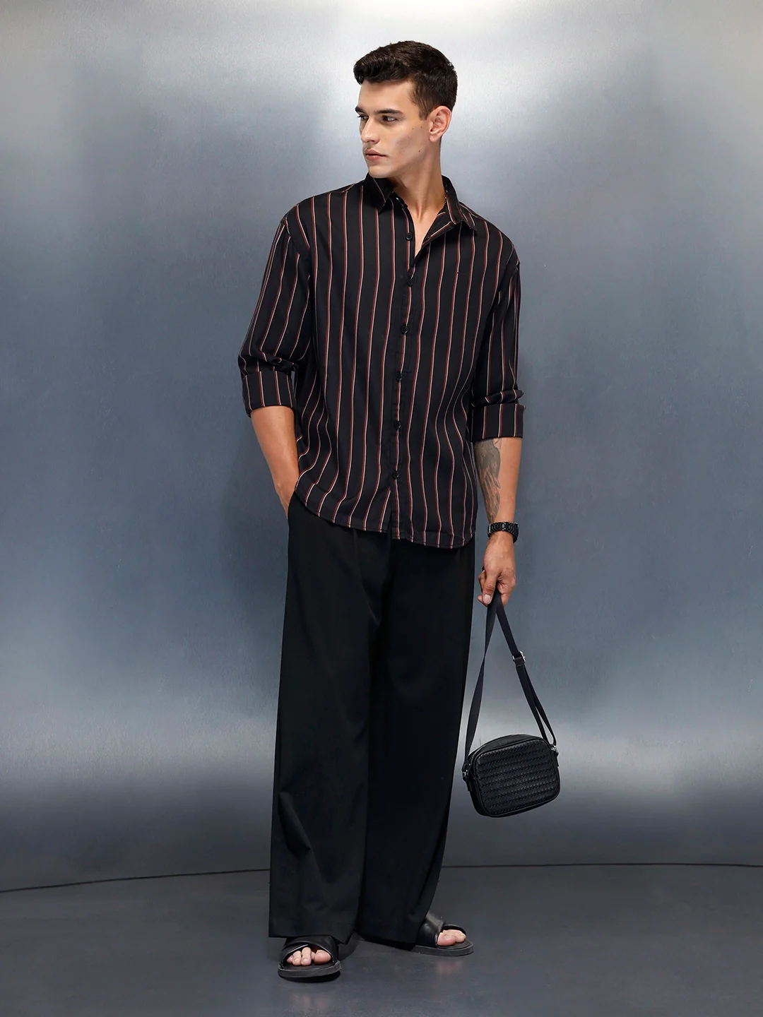 Men's Casual Oversized Fit Striped Pattern Shirt | Black - Image 2