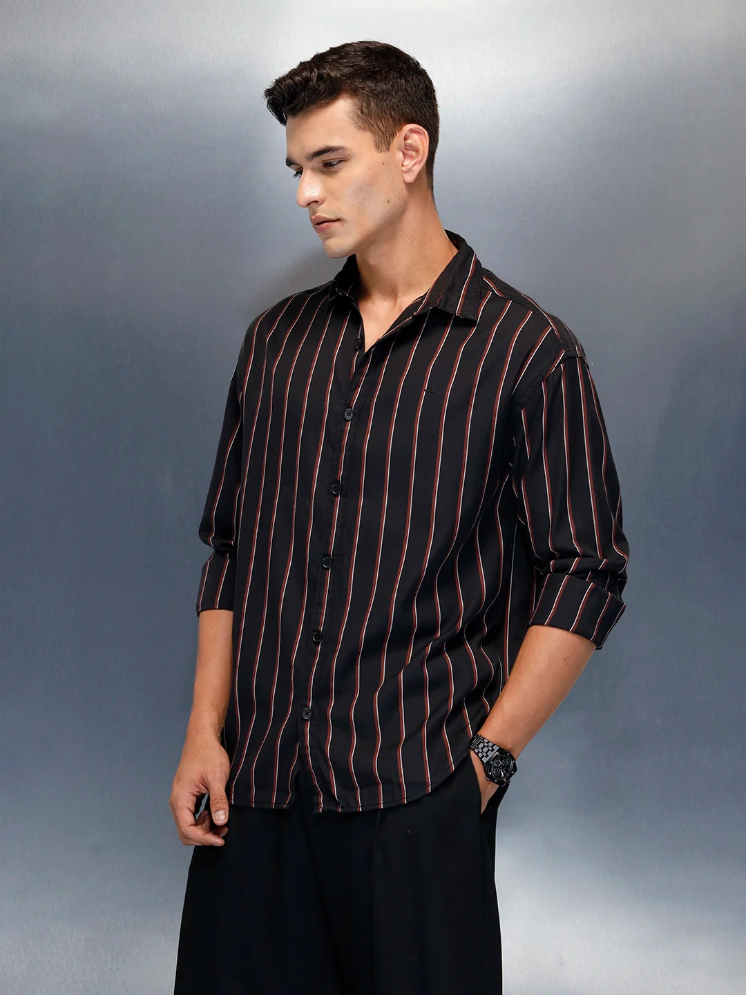 Men's Casual Oversized Fit Striped Pattern Shirt | Black - Image 4