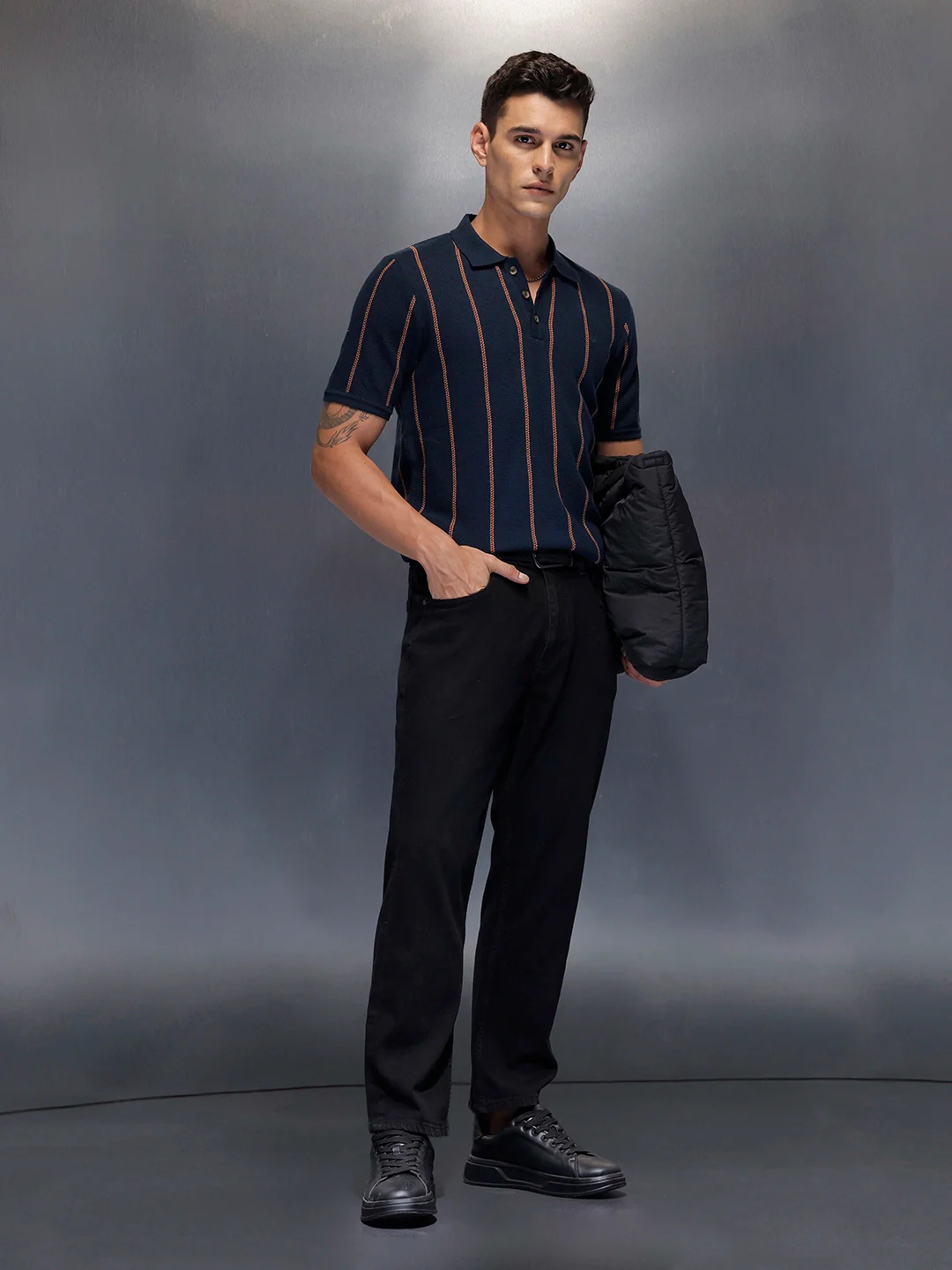 Men's casual polo t-shirt with constrast stripes | Navy Blue - Image 2