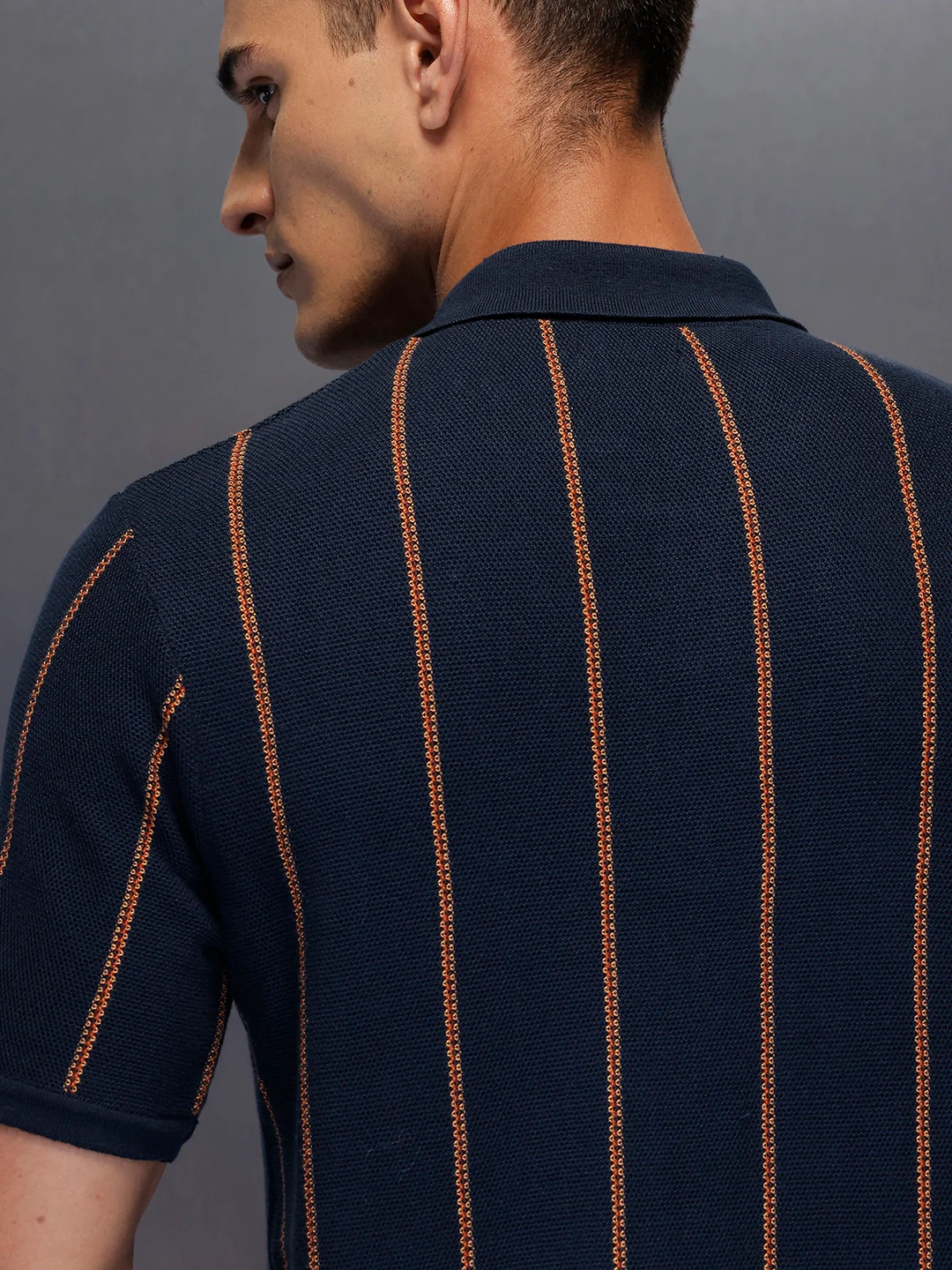 Men's casual polo t-shirt with constrast stripes | Navy Blue - Image 3