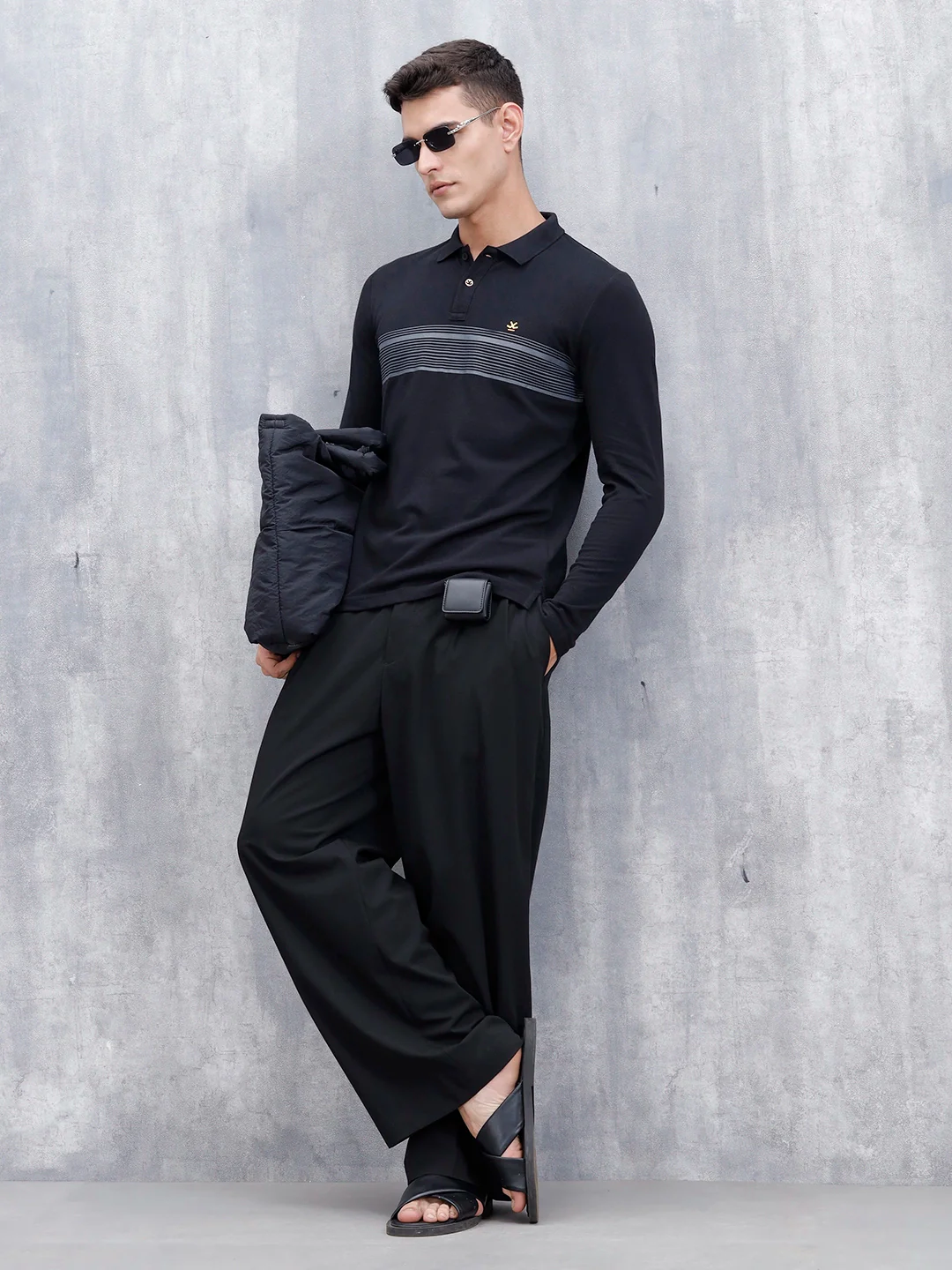 Men's Casual Polo Tshirt With Striped Pattern | Black - Image 2
