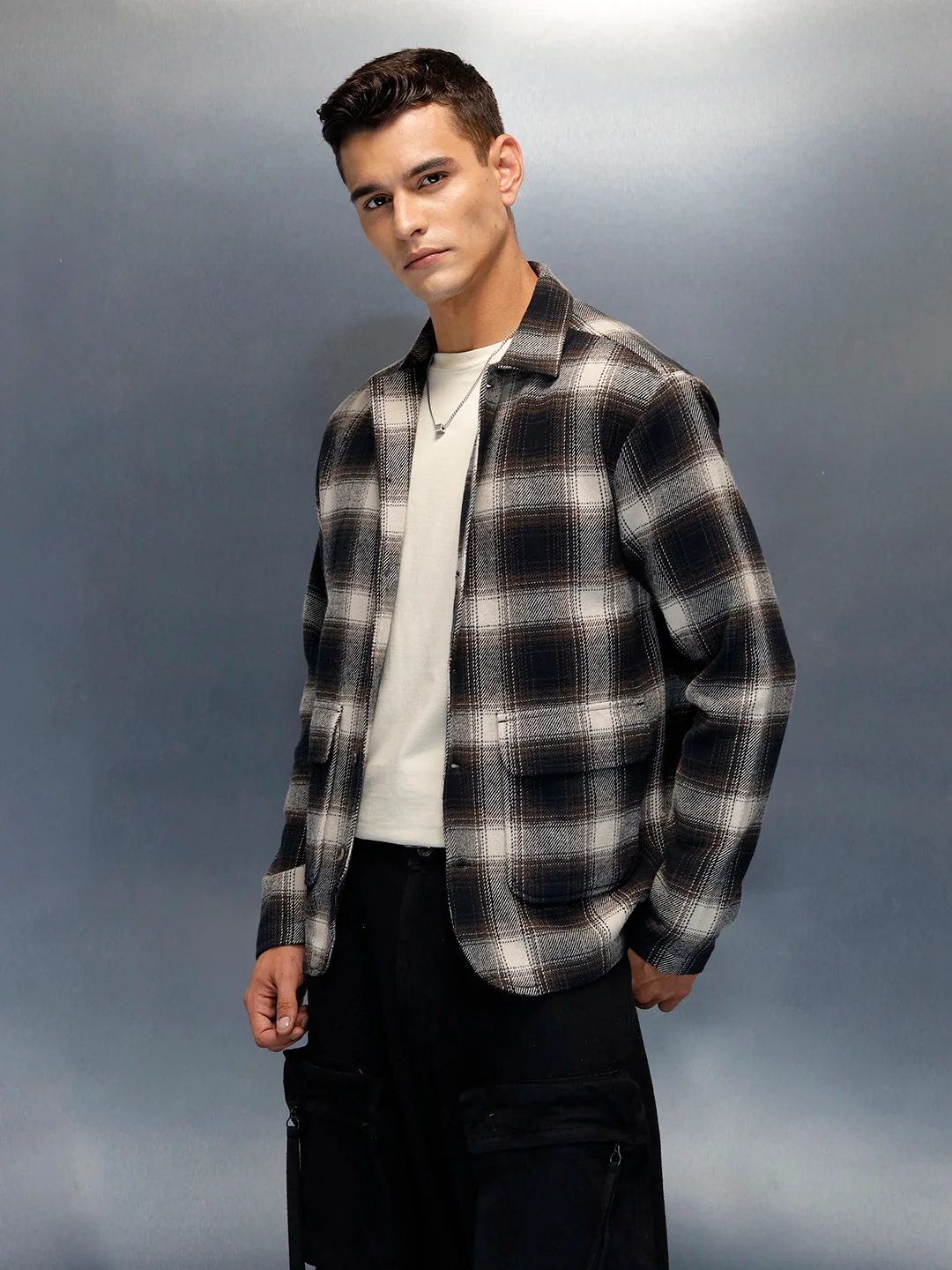 Men's Casual Regualr Fit Checkered Pattern Shacket | Black - Image 6